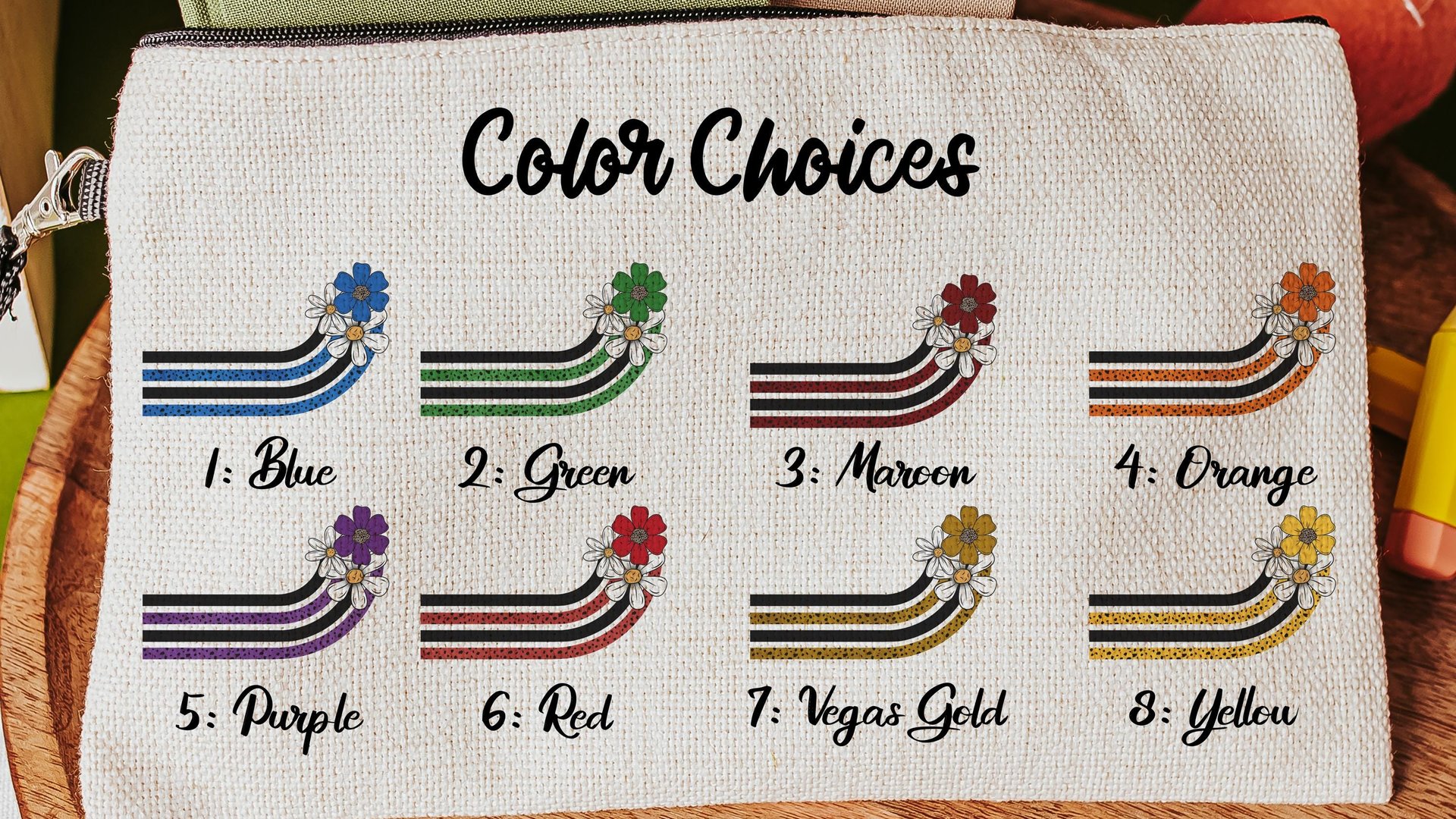 personalized yellow and white daisy flower pencil pouch for teacher, yellow school spirit school supplies, cute teacher makeup bag best