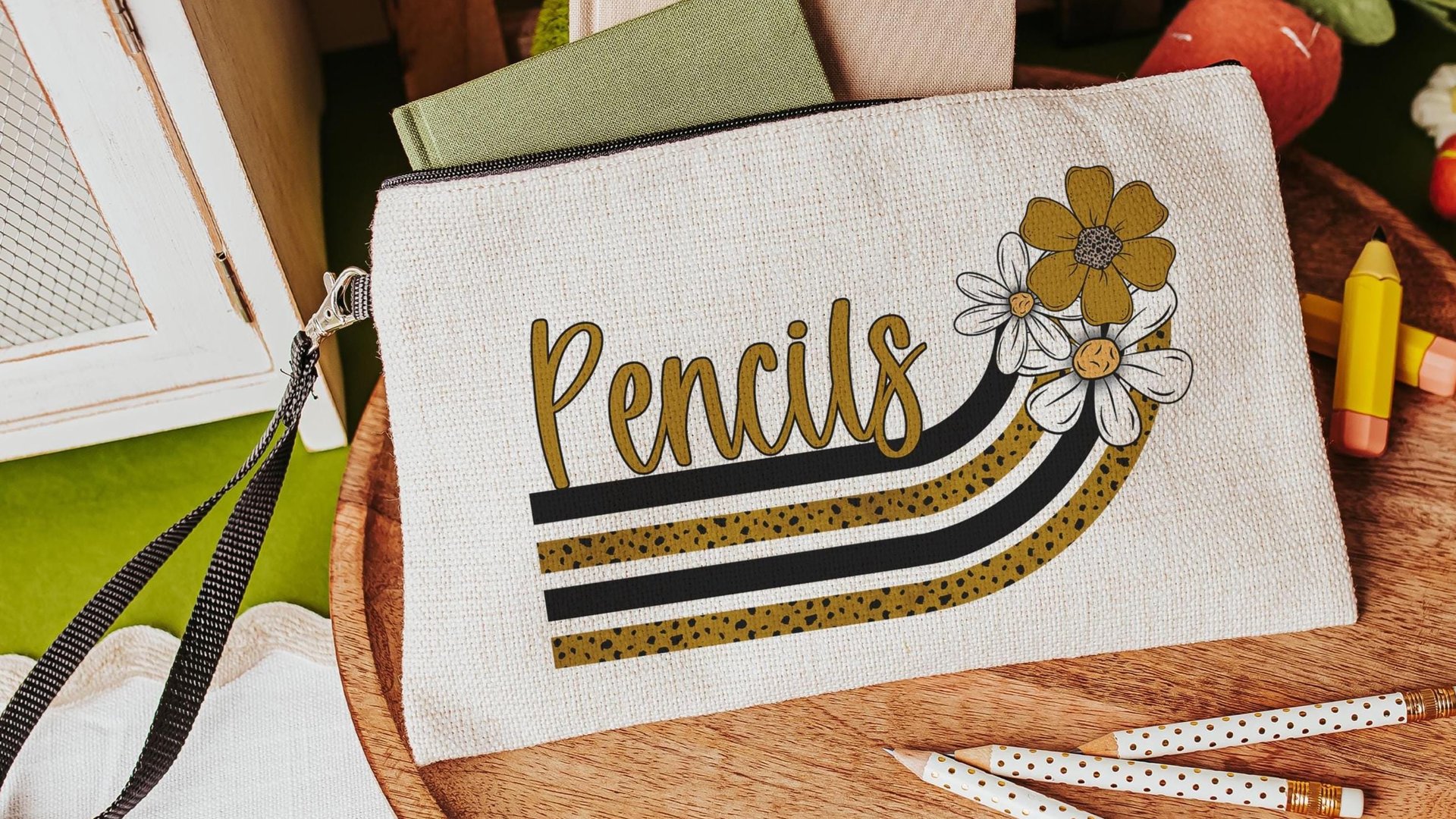 orange and white daisy pencil pouch personalized cute makeup bag, orange school spirit school supplies, first grade teacher gifts for women