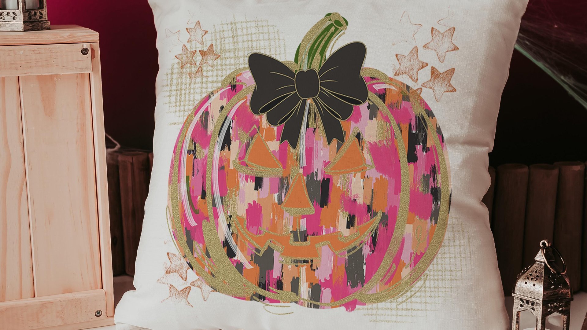 hot pink Halloween pumpkin throw pillows for couch, trendy pumpkin season jack o lantern coquette pillow cover 18 x 18, boo basket stuffers