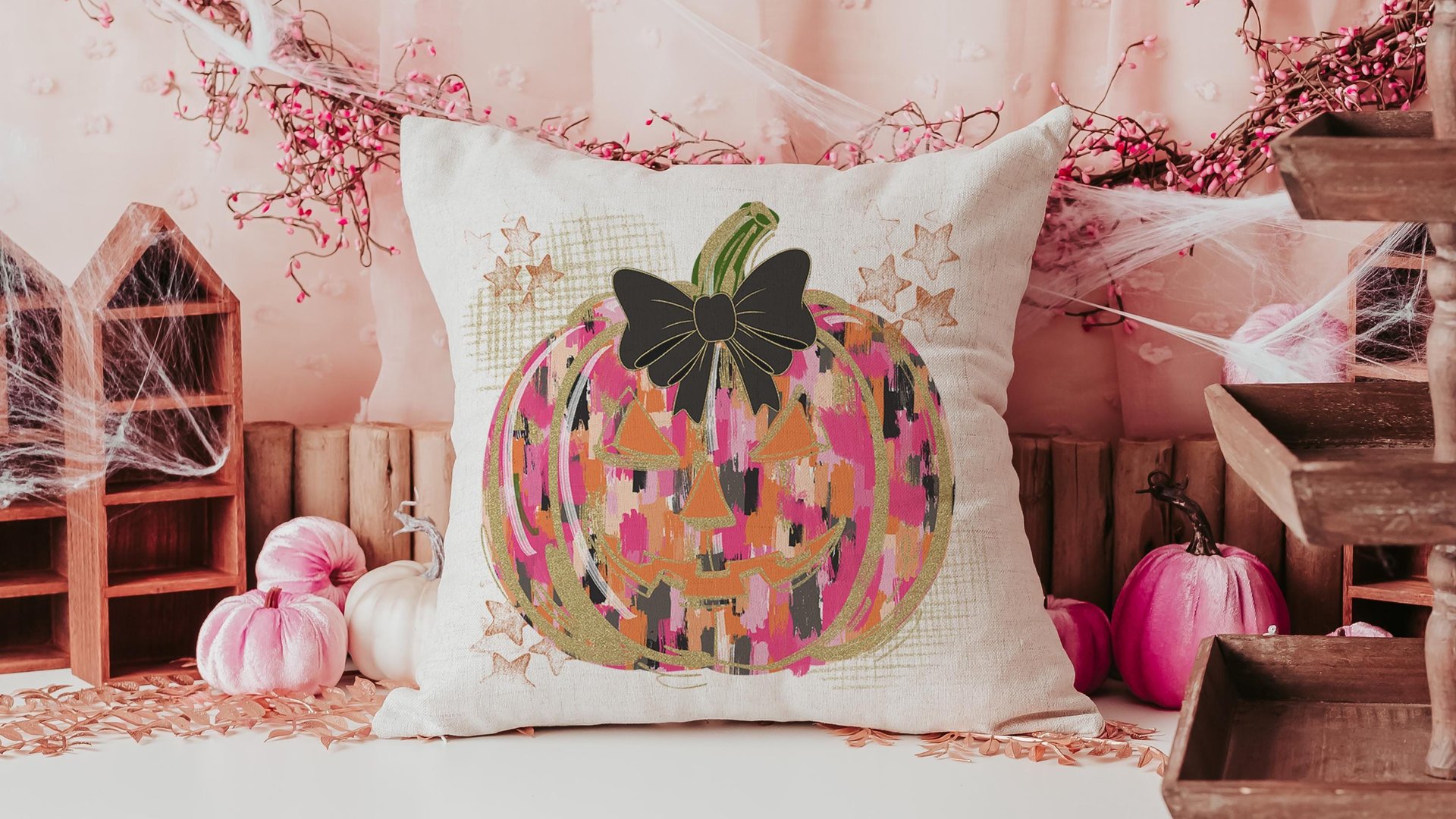 hot pink Halloween pumpkin throw pillows for couch, trendy pumpkin season jack o lantern coquette pillow cover 18 x 18, boo basket stuffers