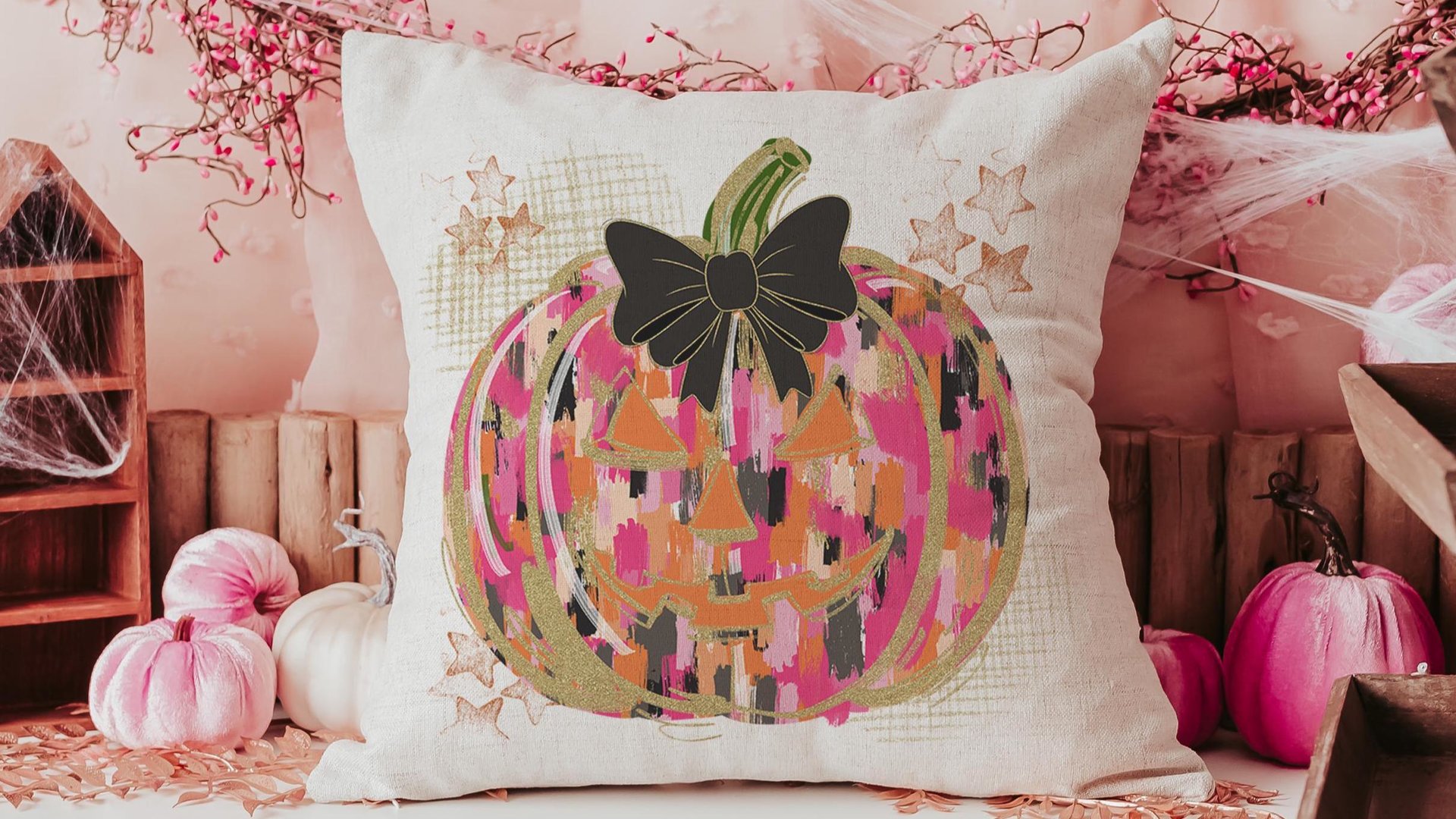 hot pink Halloween pumpkin throw pillows for couch, trendy pumpkin season jack o lantern coquette pillow cover 18 x 18, boo basket stuffers