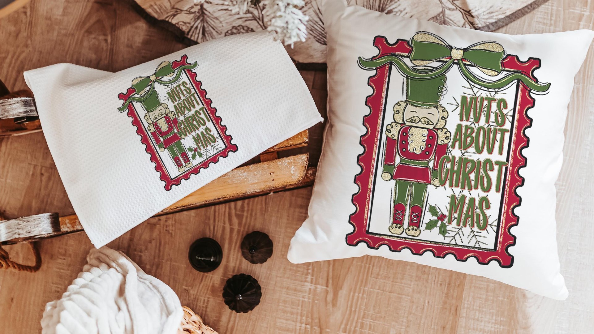 Nuts about Christmas nutcracker throw pillow for couch, coquette Christmas kitchen towels for friends, grand millennial Christmas decor for