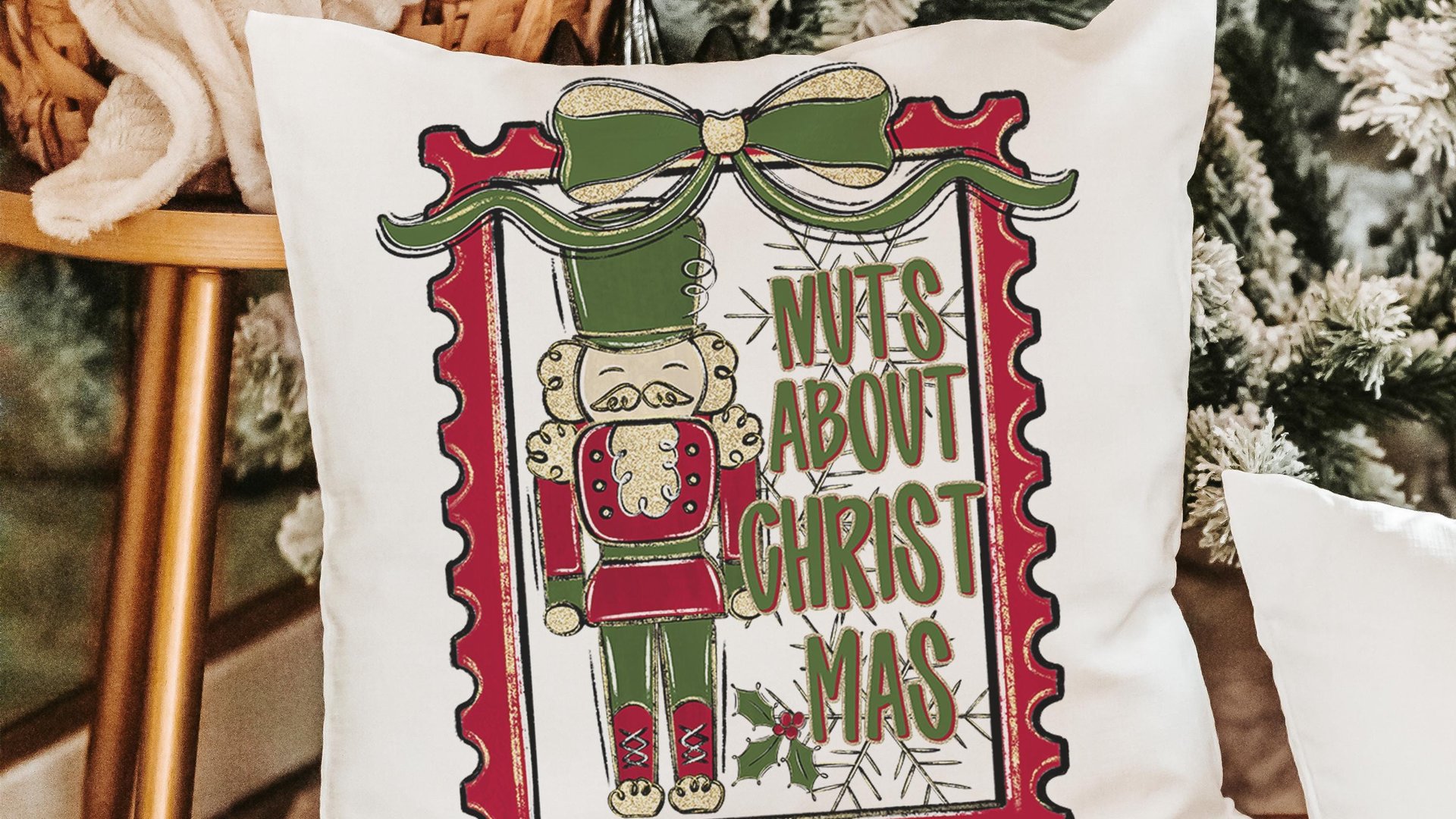 Nuts about Christmas nutcracker throw pillow for couch, coquette Christmas kitchen towels for friends, grand millennial Christmas decor for