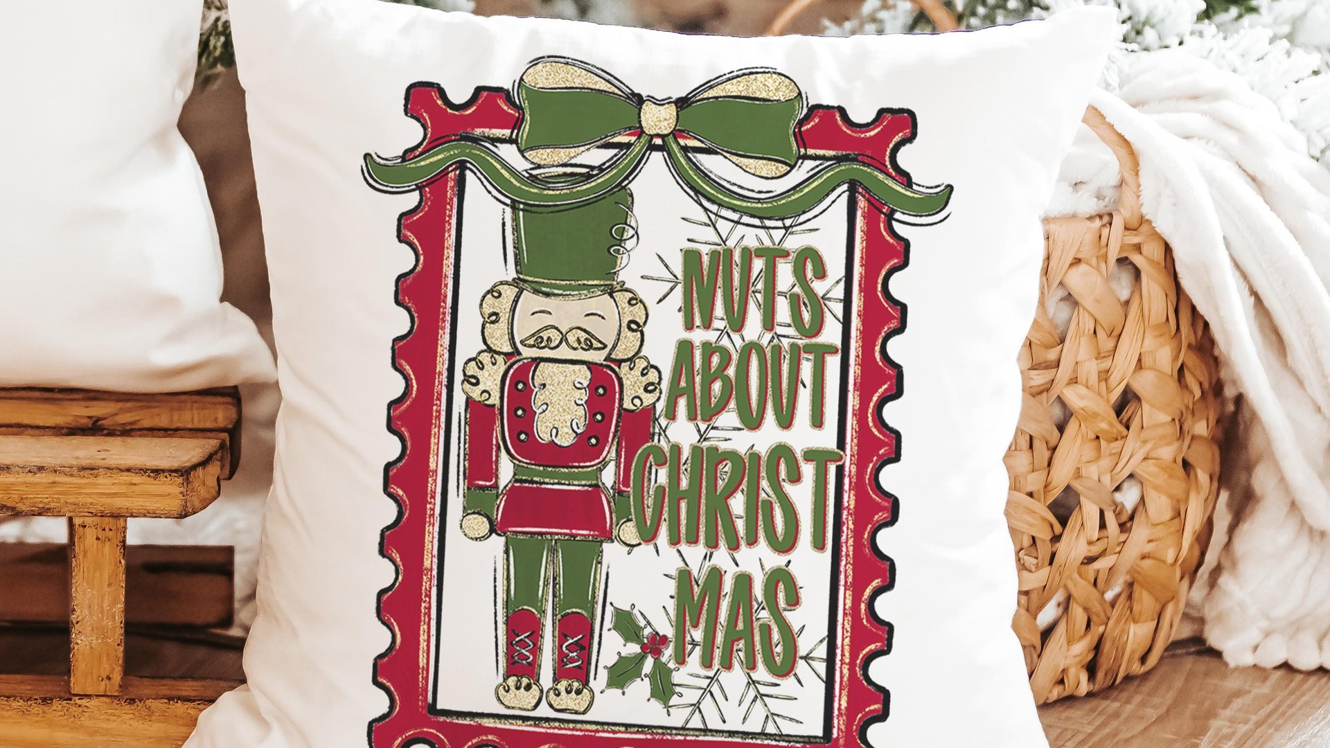 Nuts about Christmas nutcracker throw pillow for couch, coquette Christmas kitchen towels for friends, grand millennial Christmas decor for