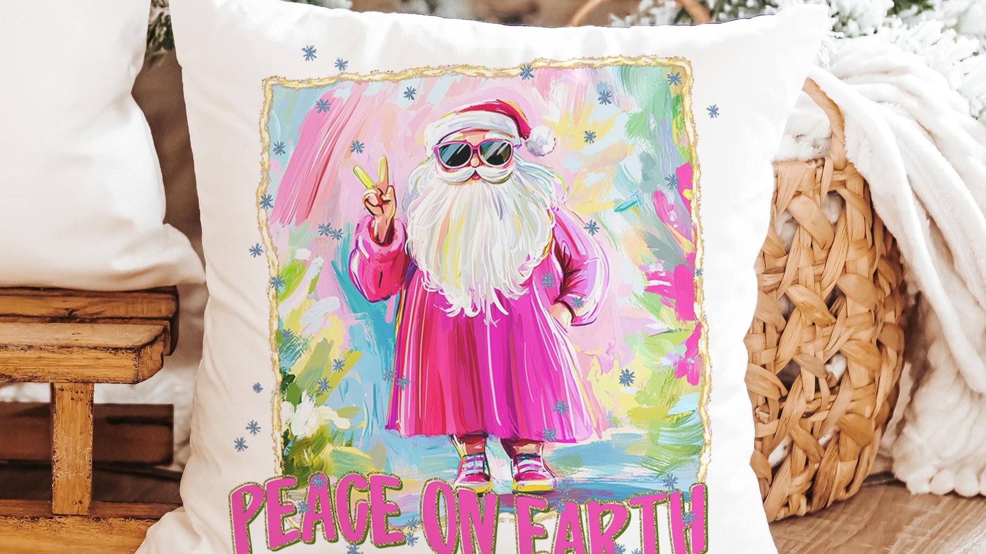 hippie Santa throw pillows for couch, peace on earth kitchen towels for Christmas, hot pink Santa Claus holiday hosting decor home decor