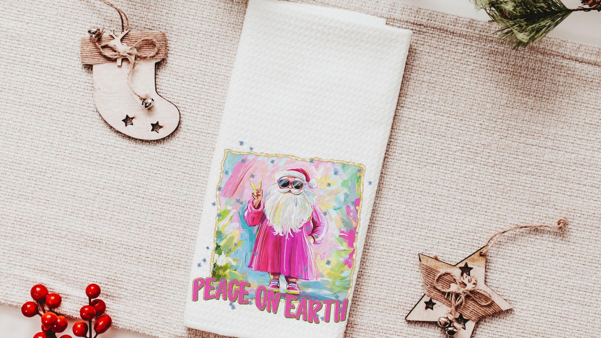 hippie Santa throw pillows for couch, peace on earth kitchen towels for Christmas, hot pink Santa Claus holiday hosting decor home decor
