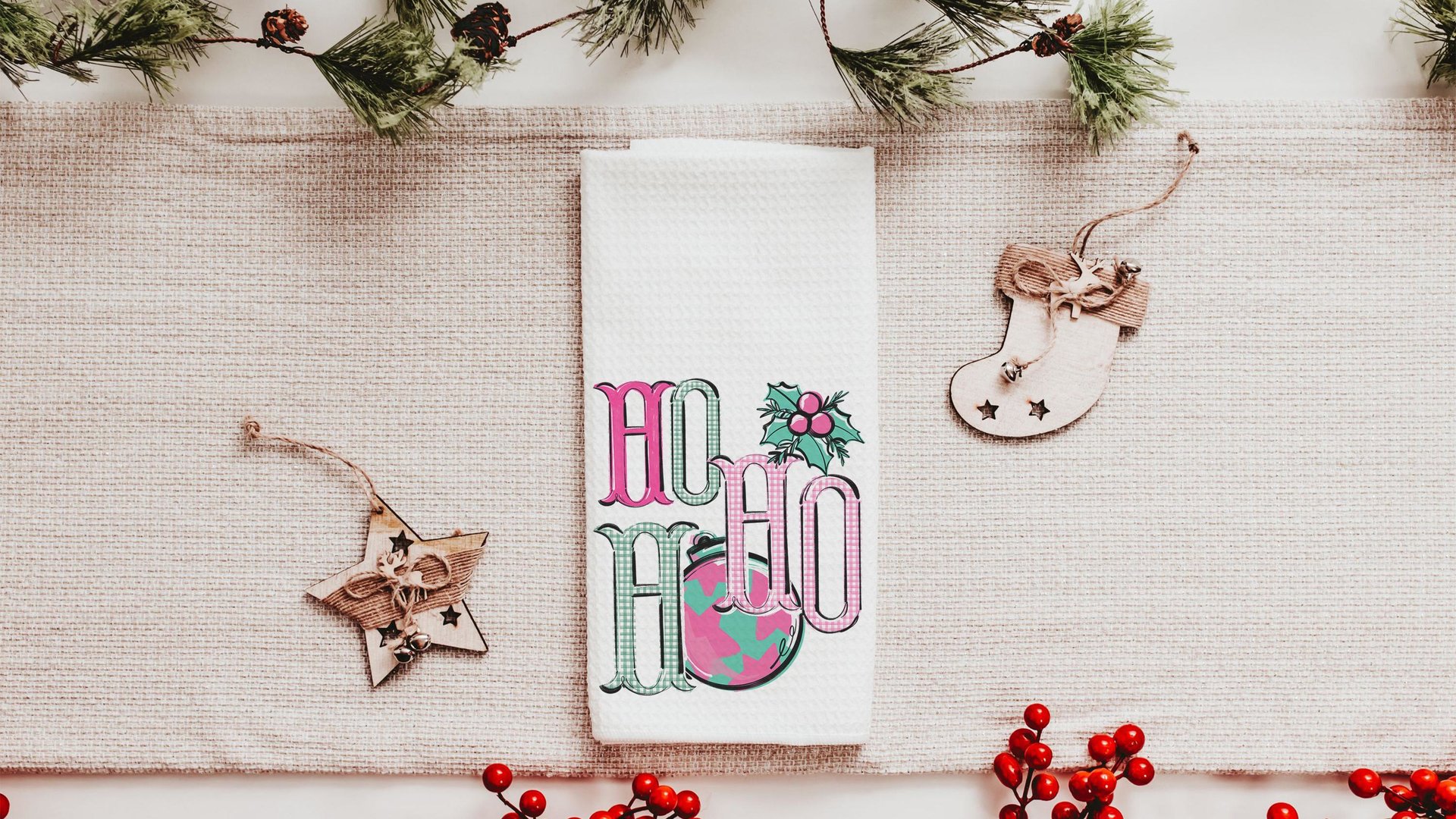 ho ho ho turquoise Christmas throw pillow covers 18x18, bright pink Christmas kitchen towels, girly Christmas gifts for adult daughter, best