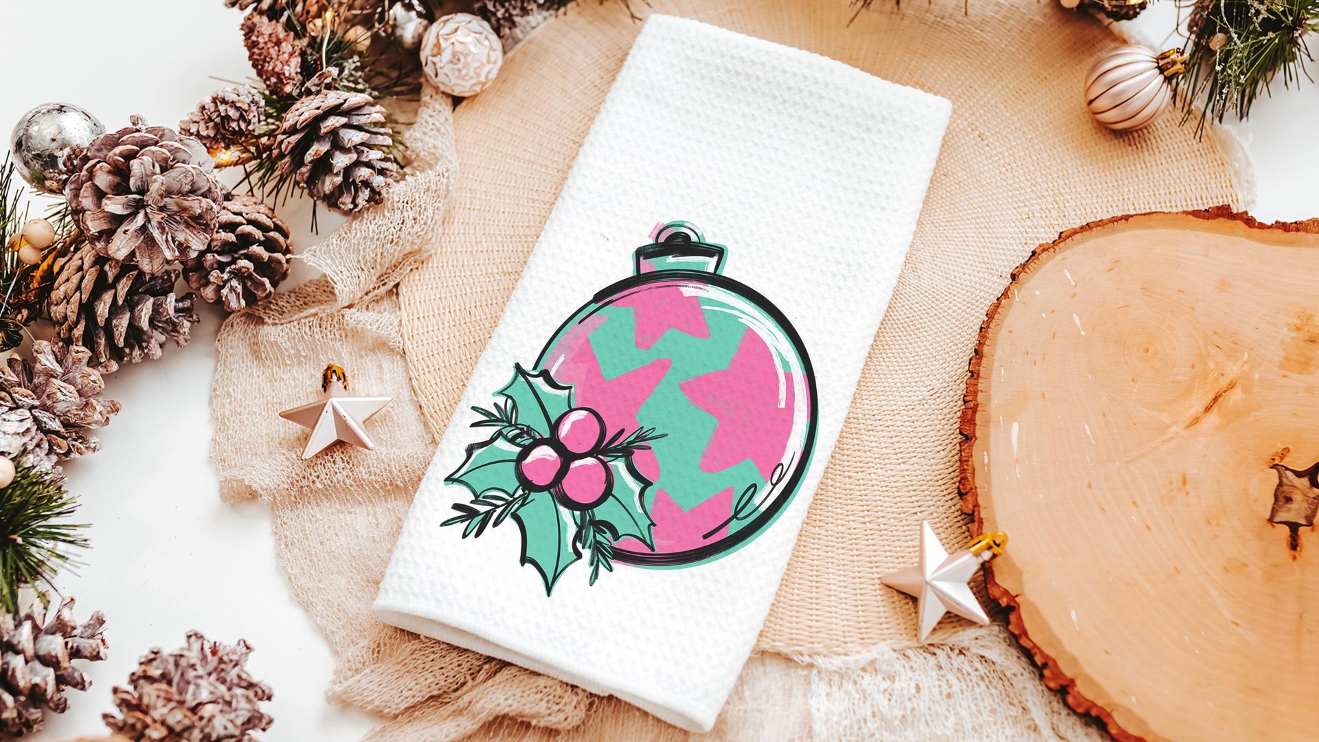 ho ho ho turquoise Christmas throw pillow covers 18x18, bright pink Christmas kitchen towels, girly Christmas gifts for adult daughter, best