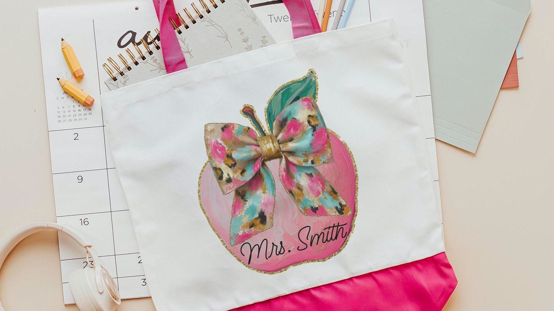 personalized watercolor apple for teacher tote bag with name, cute teacher gifts for coworkers, coquette totes for books, preschool teacher