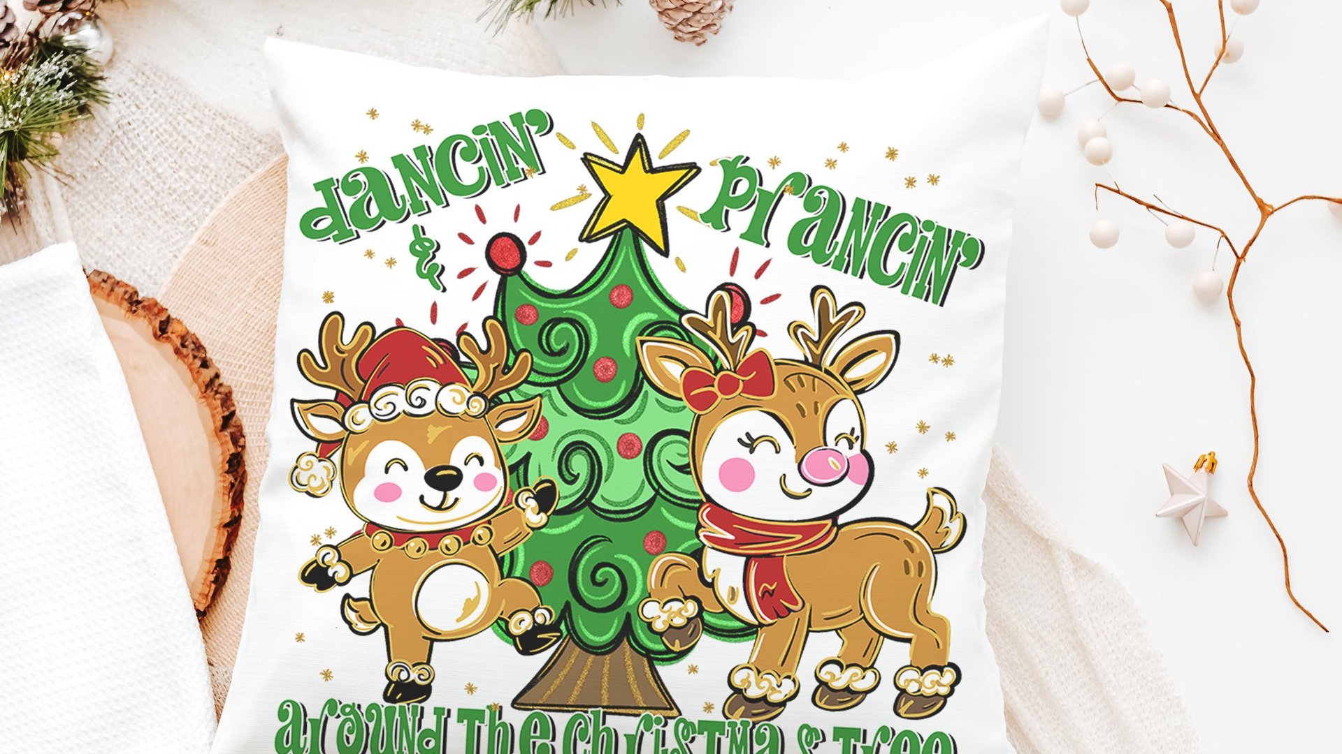 dancing reindeer pillow for girls room, reindeer gifts, trendy decorative throw pillows for chairs, whimsical Christmas gifts for home, best