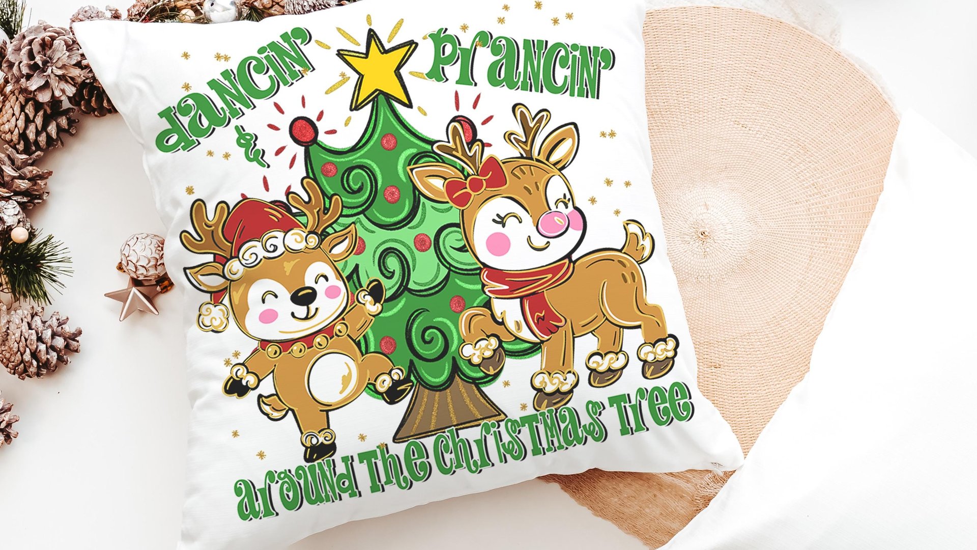 dancing reindeer pillow for girls room, reindeer gifts, trendy decorative throw pillows for chairs, whimsical Christmas gifts for home, best