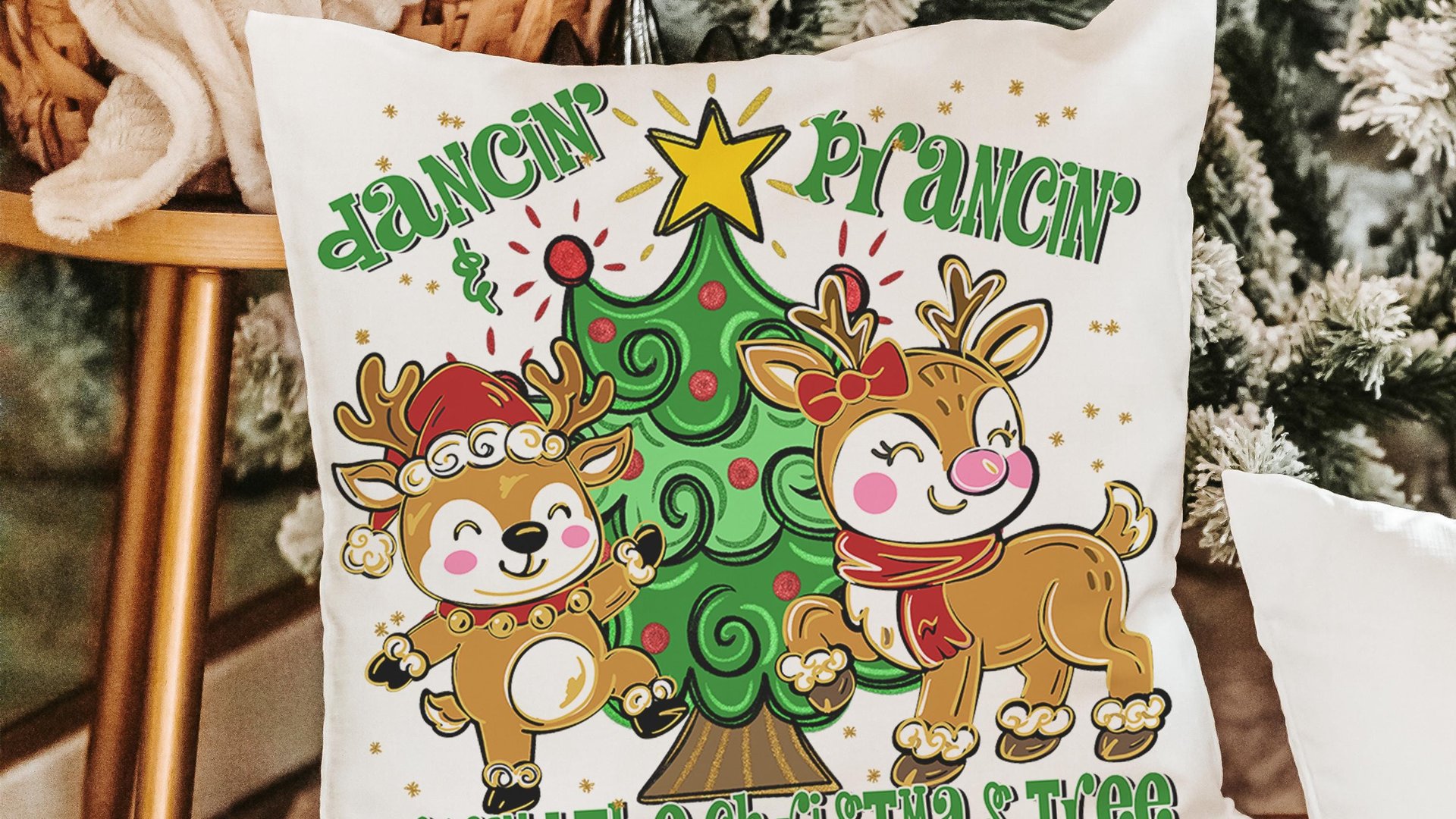 dancing reindeer pillow for girls room, reindeer gifts, trendy decorative throw pillows for chairs, whimsical Christmas gifts for home, best