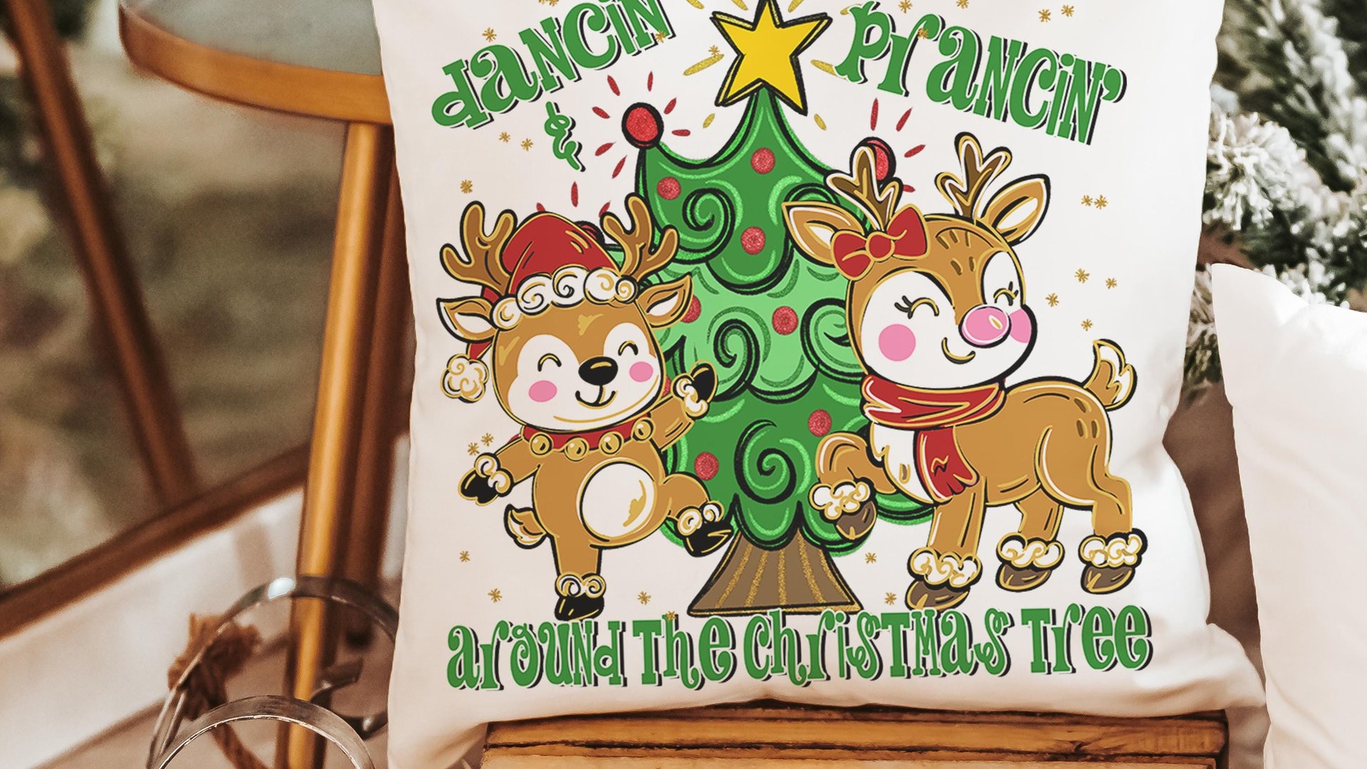 dancing reindeer pillow for girls room, reindeer gifts, trendy decorative throw pillows for chairs, whimsical Christmas gifts for home, best