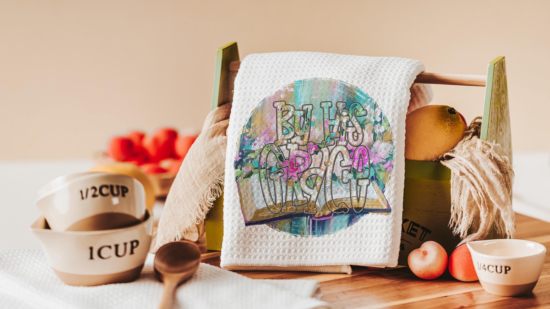 by His grace Christian kitchen towels for Mom, Christian Easter decor gift, watercolor floral hand towels for church, faith gifts for sister