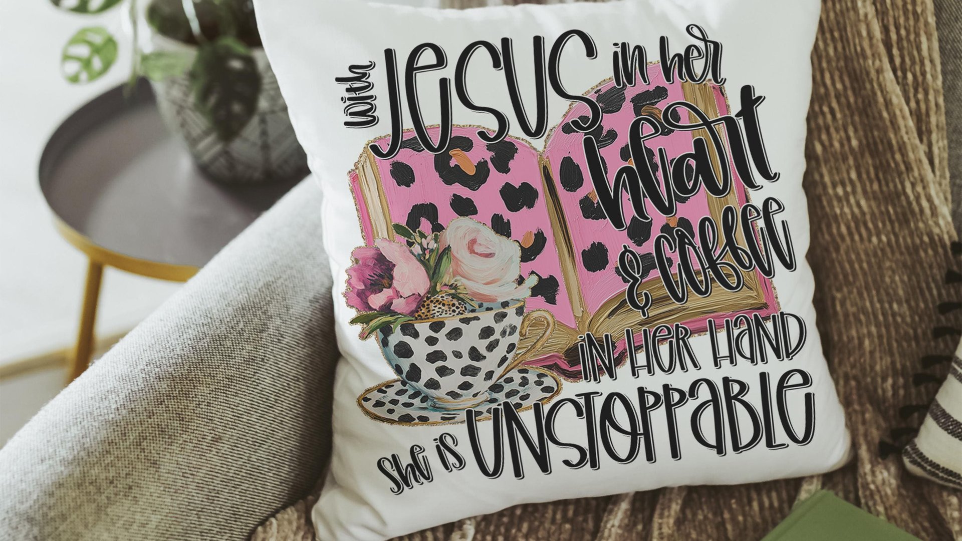 with Jesus in her heart leopard print throw pillows best sellers, Christian kitchen towels, religious Christmas gifts for godmother, coffee