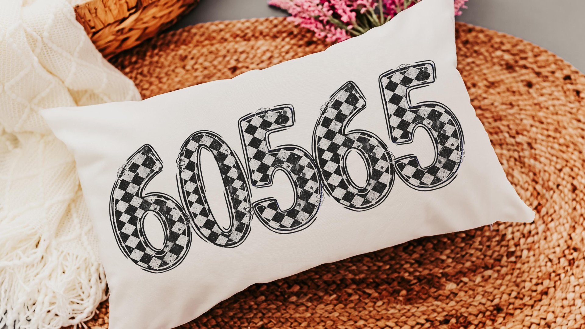 personalized black and white grunge harlequin pillow for dorm, custom zip code lumbar pillow home decor, girly gothic gifts for home, moving