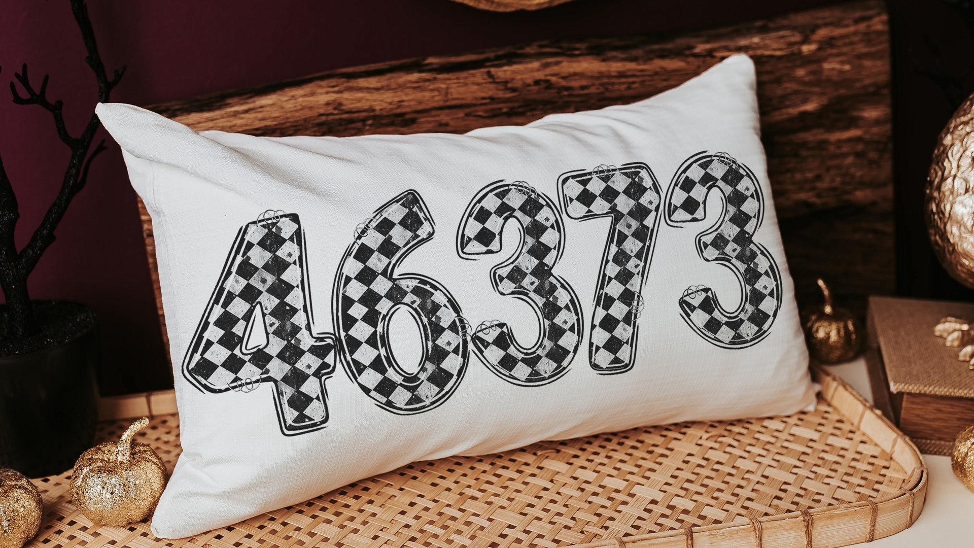 personalized black and white grunge harlequin pillow for dorm, custom zip code lumbar pillow home decor, girly gothic gifts for home, moving