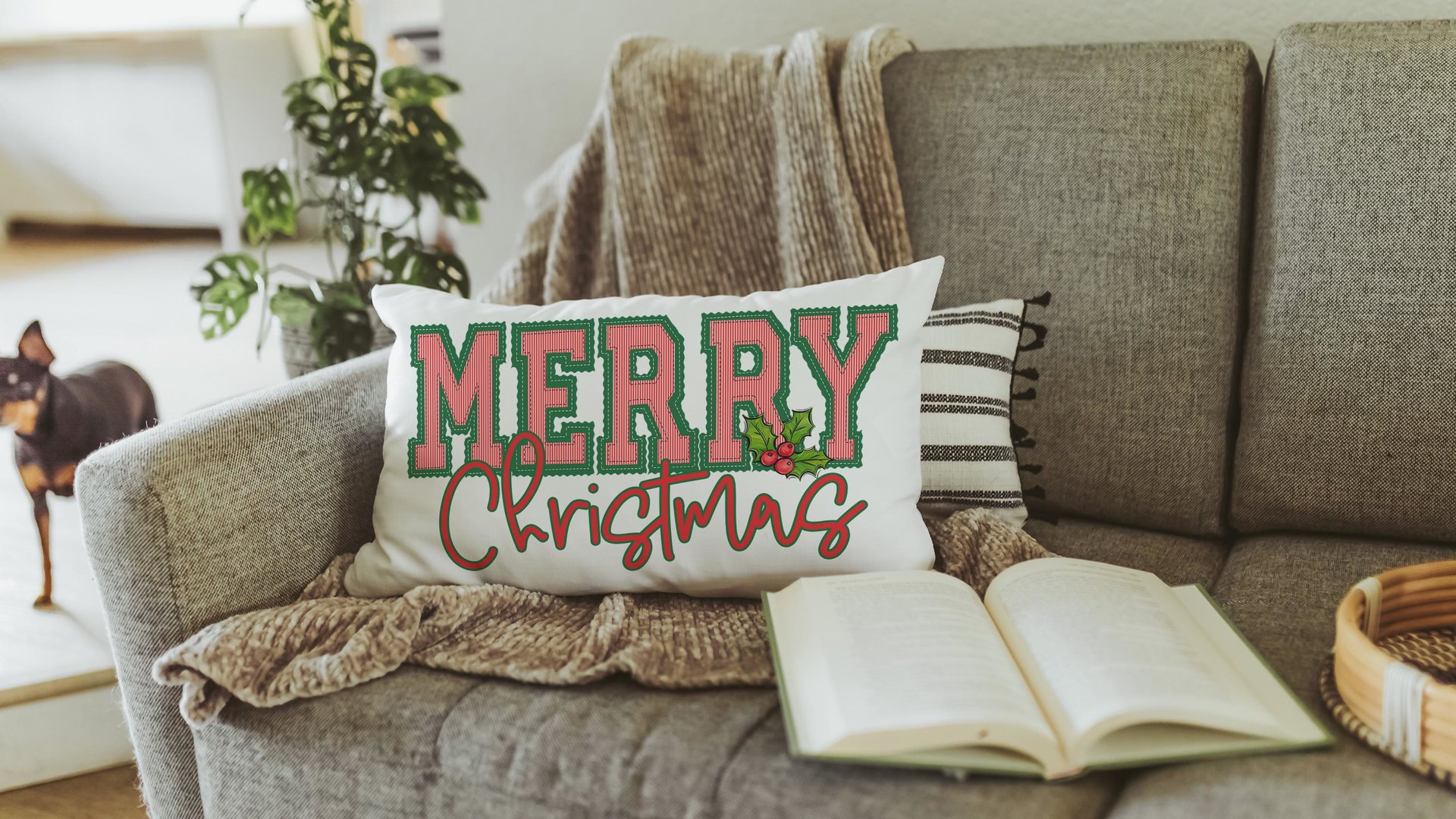 seersucker Christmas lumbar pillows for chair, secret Santa gifts for work, trendy decorative throw pillows for couch, preppy Christmas