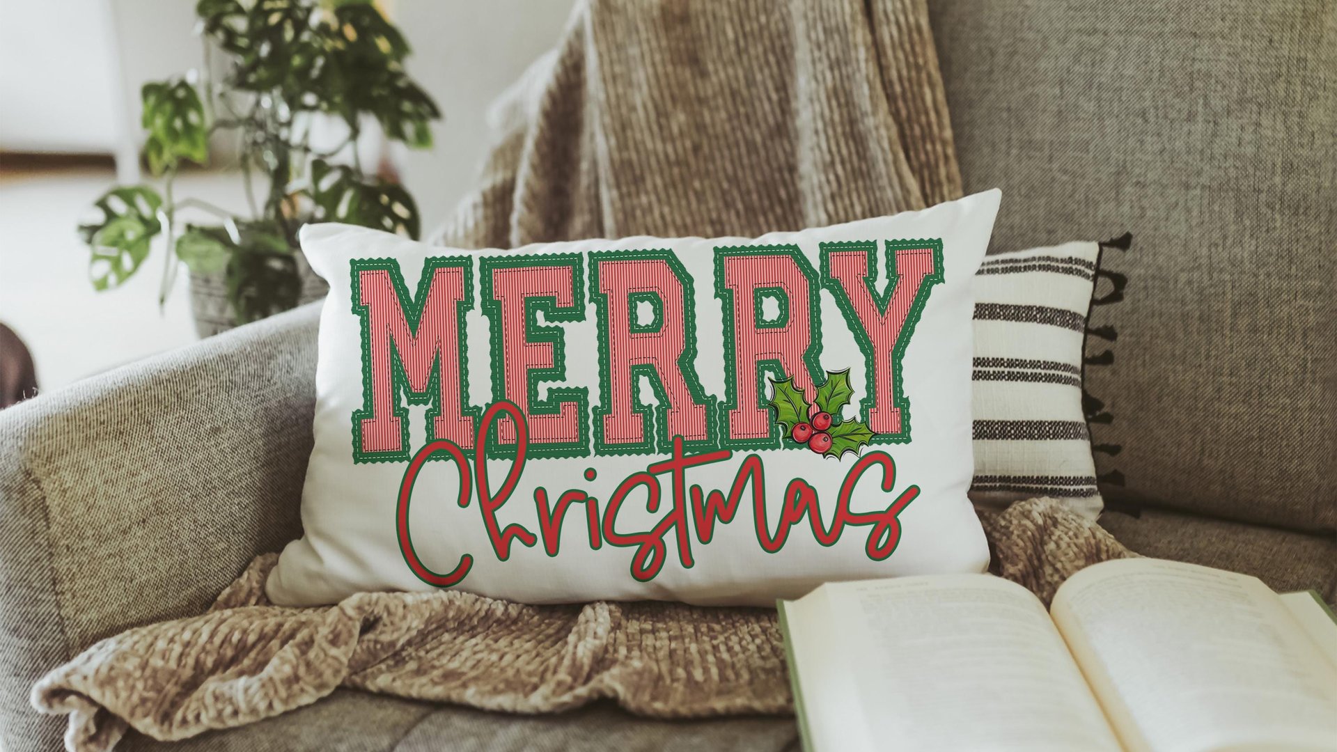 seersucker Christmas lumbar pillows for chair, secret Santa gifts for work, trendy decorative throw pillows for couch, preppy Christmas