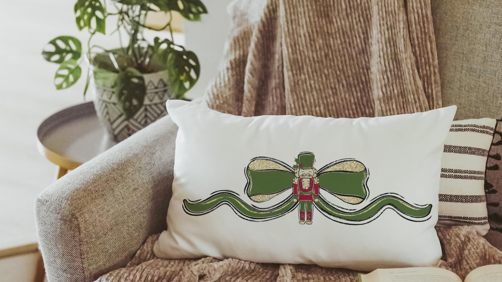 grandmillennial Christmas lumbar pillows for bench, trendy decorative throw pillows for chairs, nutcracker coquette Christmas decor for home