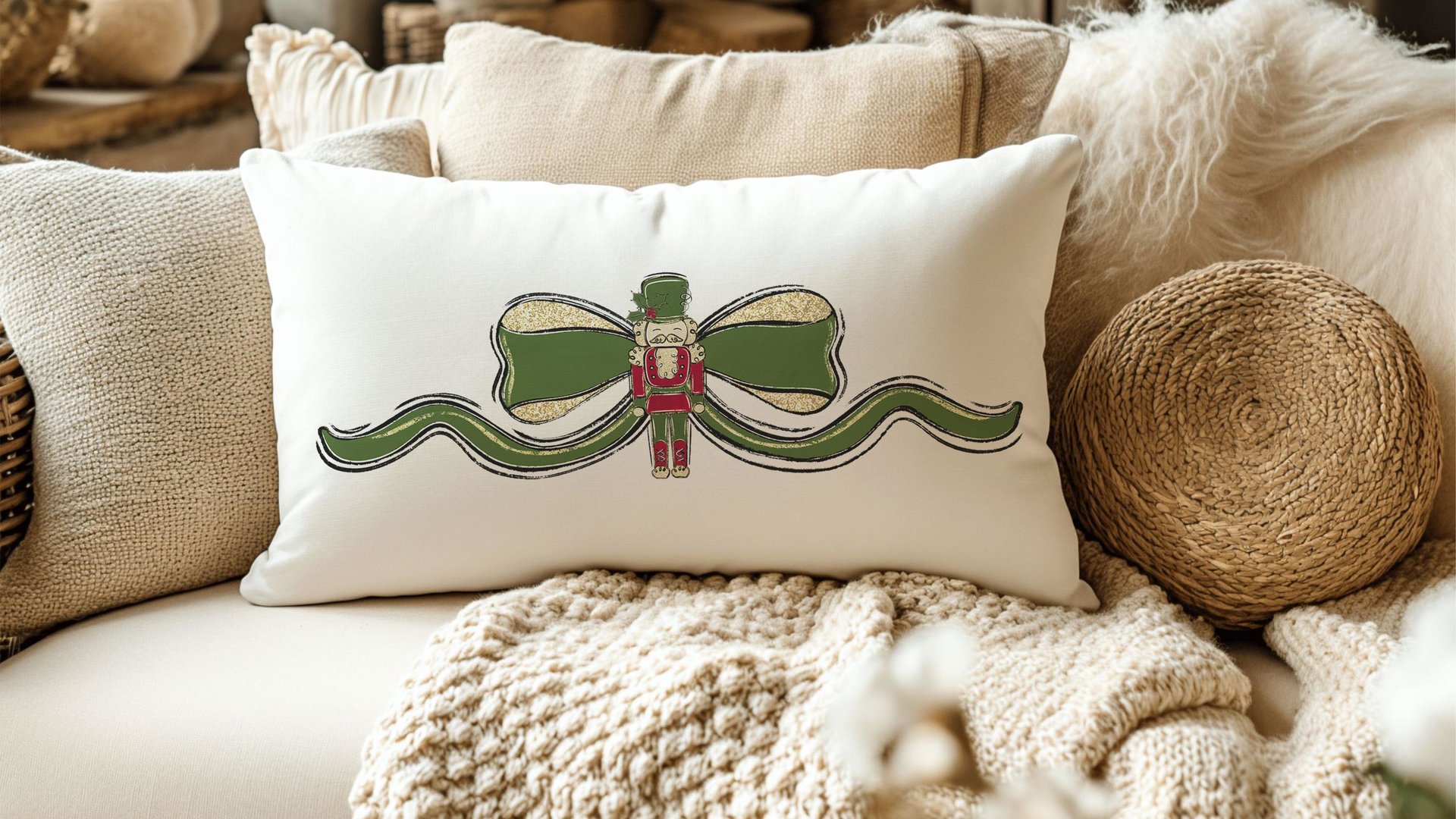 grandmillennial Christmas lumbar pillows for bench, trendy decorative throw pillows for chairs, nutcracker coquette Christmas decor for home