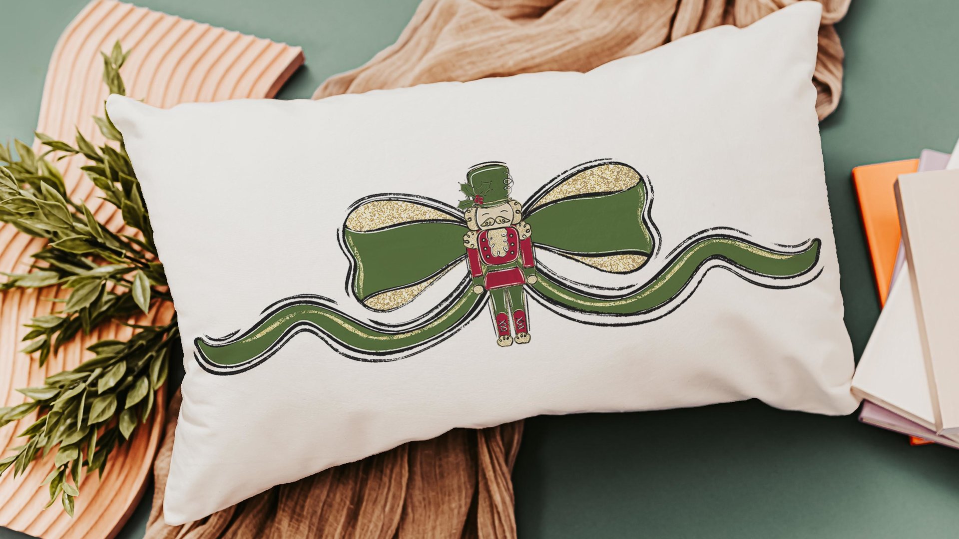 grandmillennial Christmas lumbar pillows for bench, trendy decorative throw pillows for chairs, nutcracker coquette Christmas decor for home