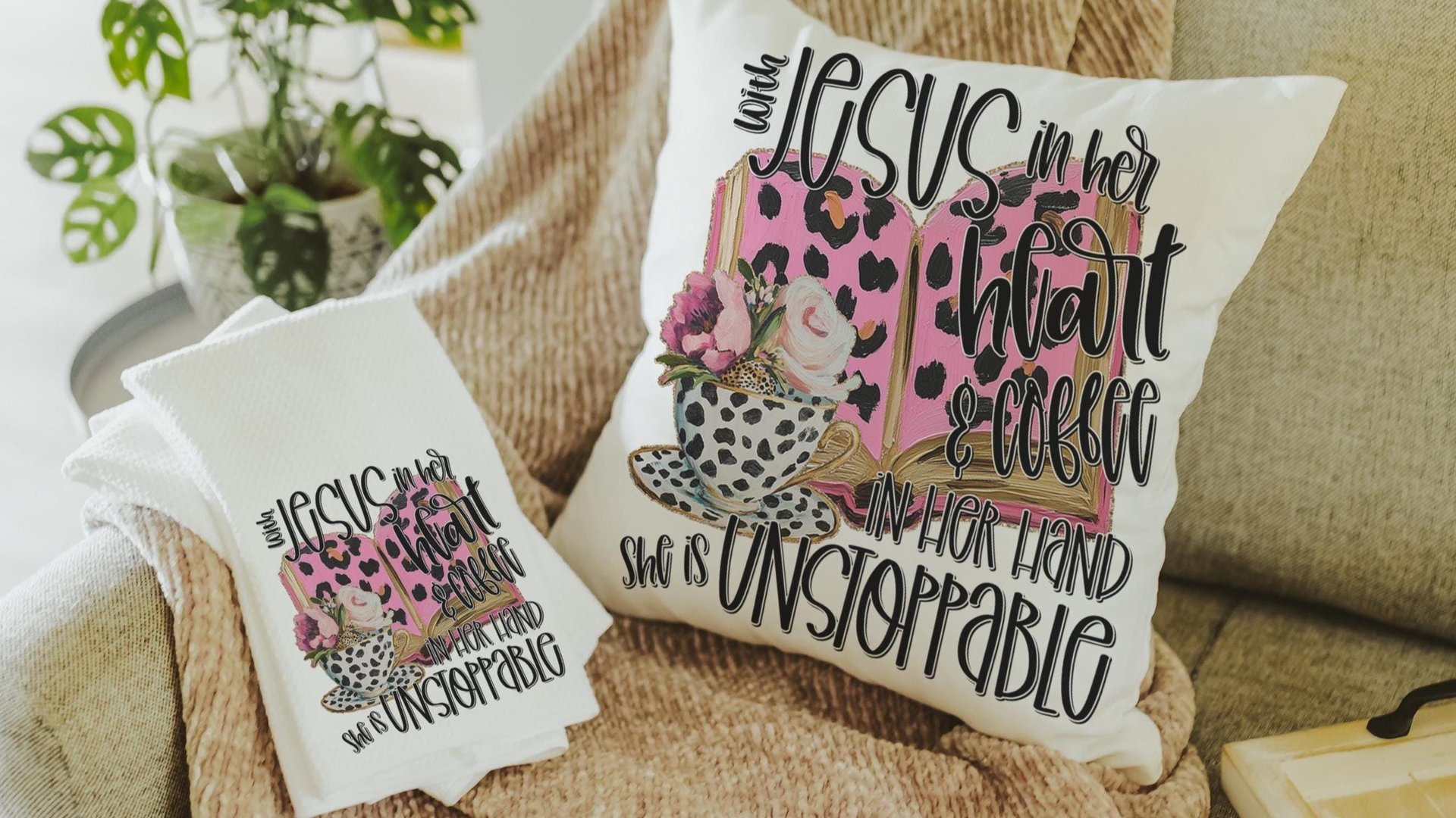 with Jesus in her heart leopard print throw pillows best sellers, Christian kitchen towels, religious Christmas gifts for godmother, coffee