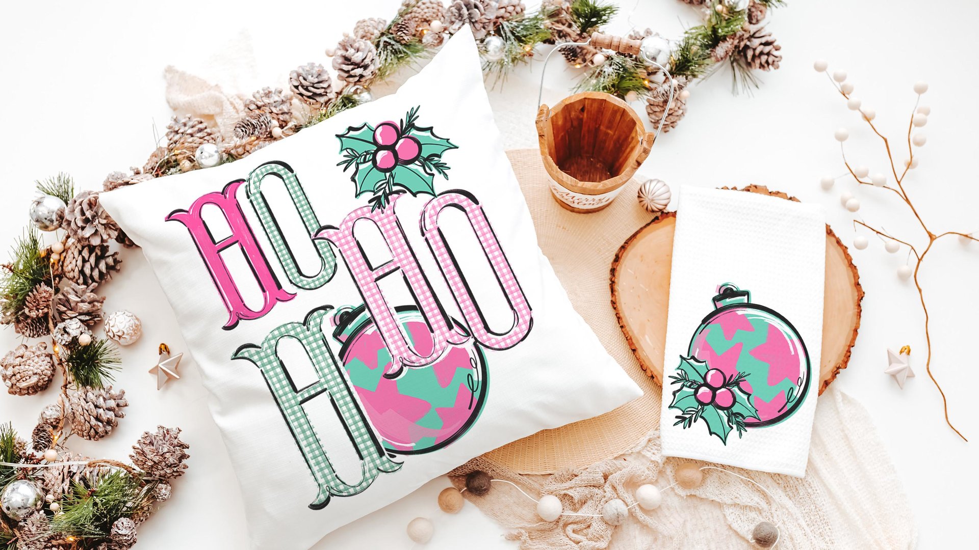 ho ho ho turquoise Christmas throw pillow covers 18x18, bright pink Christmas kitchen towels, girly Christmas gifts for adult daughter, best