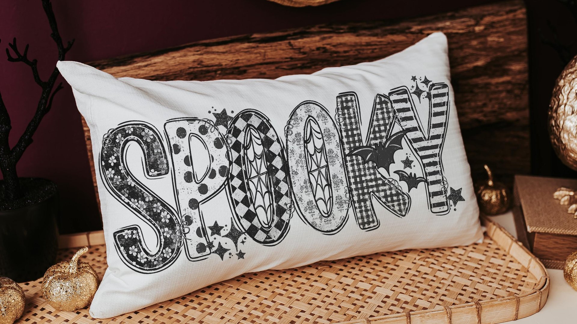 spooky cute Halloween lumbar pillow cover 12x20, Halloween coquette throw pillow for bed, girly goth decor witchy gifts for girlfriend, boo