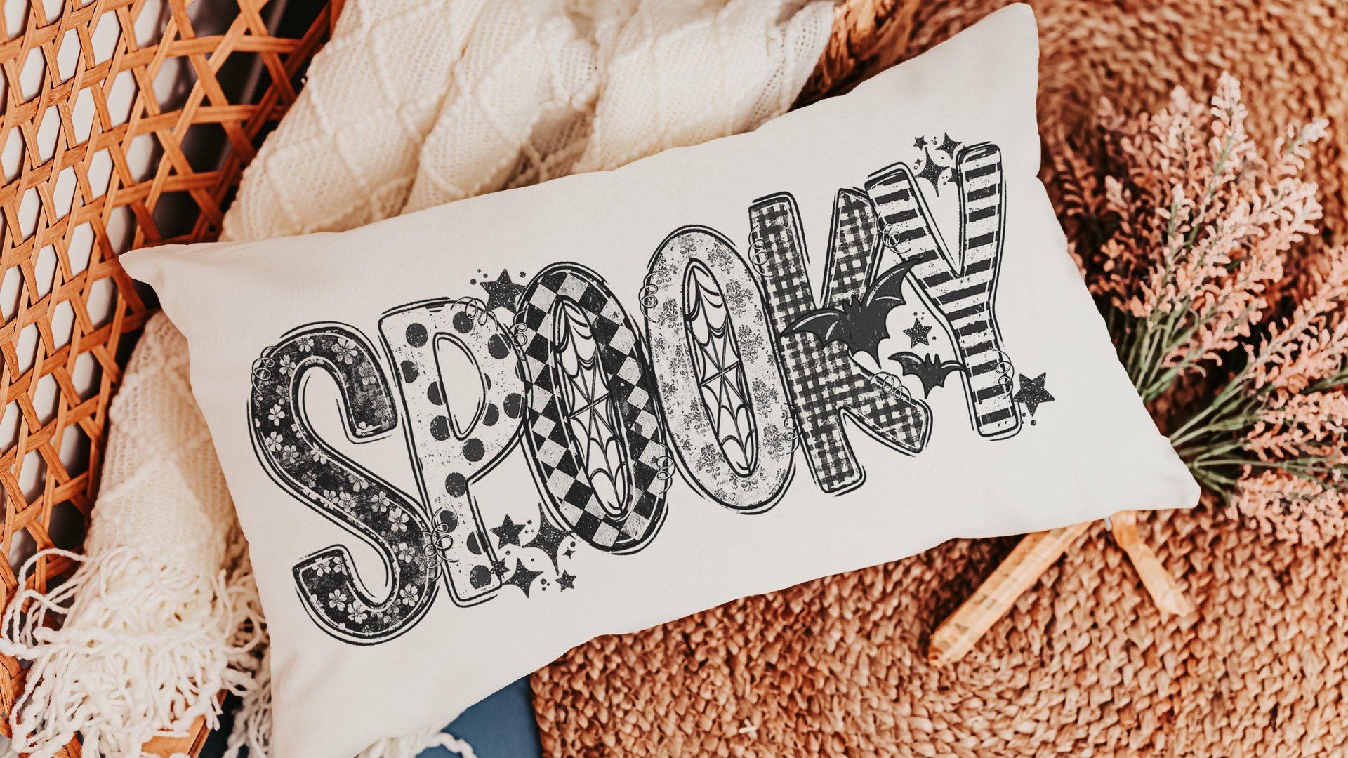 spooky cute Halloween lumbar pillow cover 12x20, Halloween coquette throw pillow for bed, girly goth decor witchy gifts for girlfriend, boo