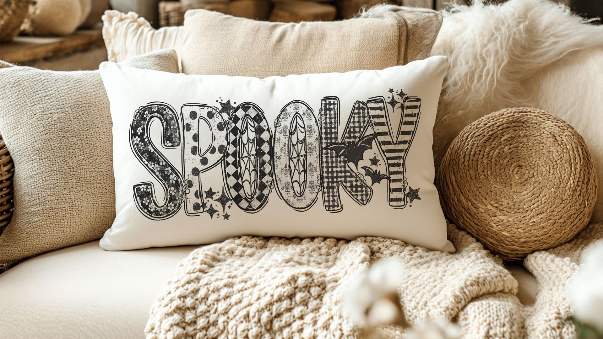 spooky cute Halloween lumbar pillow cover 12x20, Halloween coquette throw pillow for bed, girly goth decor witchy gifts for girlfriend, boo