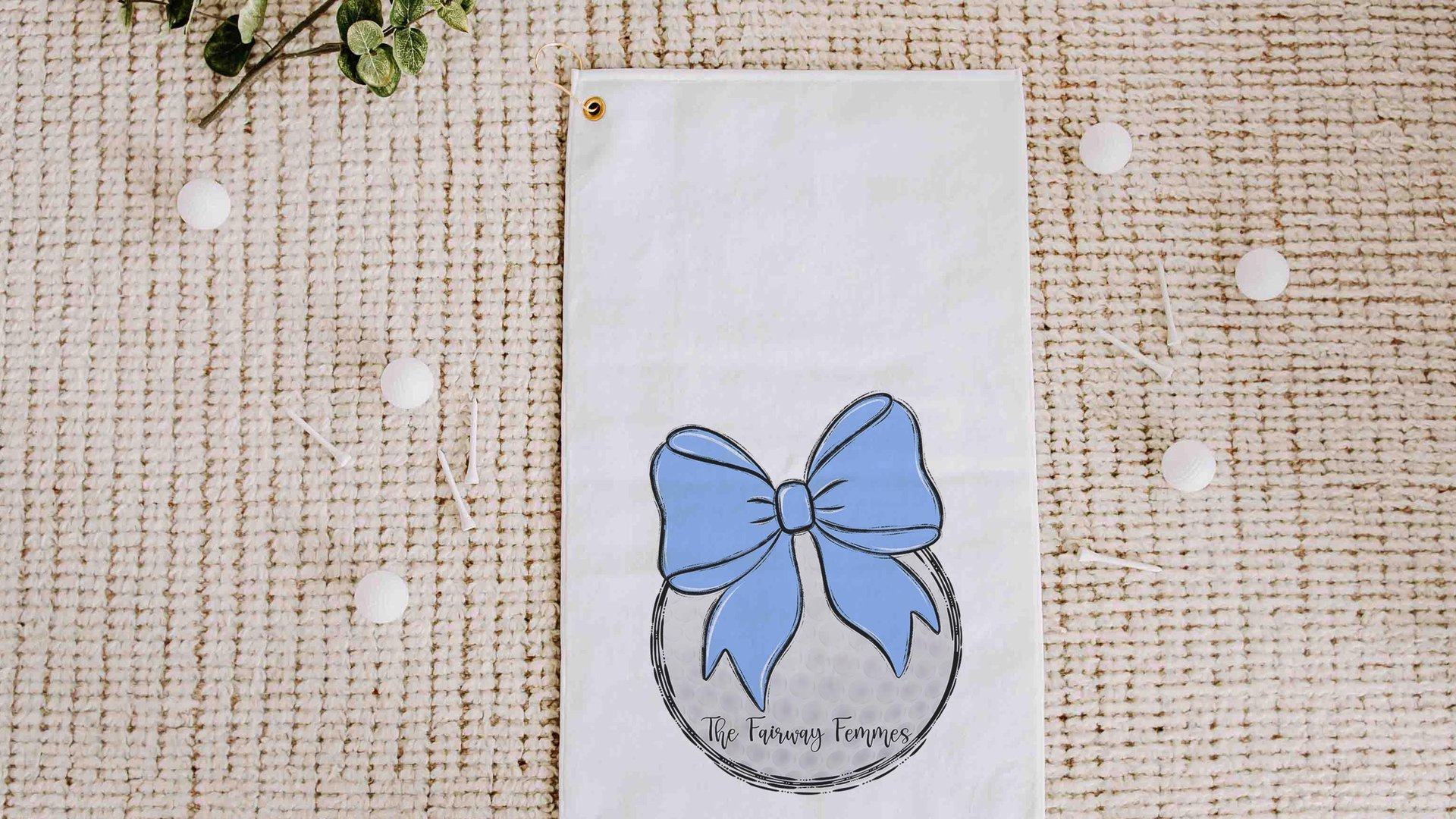 personalized golf towel with grommet, blue coquette bow golf bag towel for women, cute golf gifts for her, lady golfer gifts, ball towel