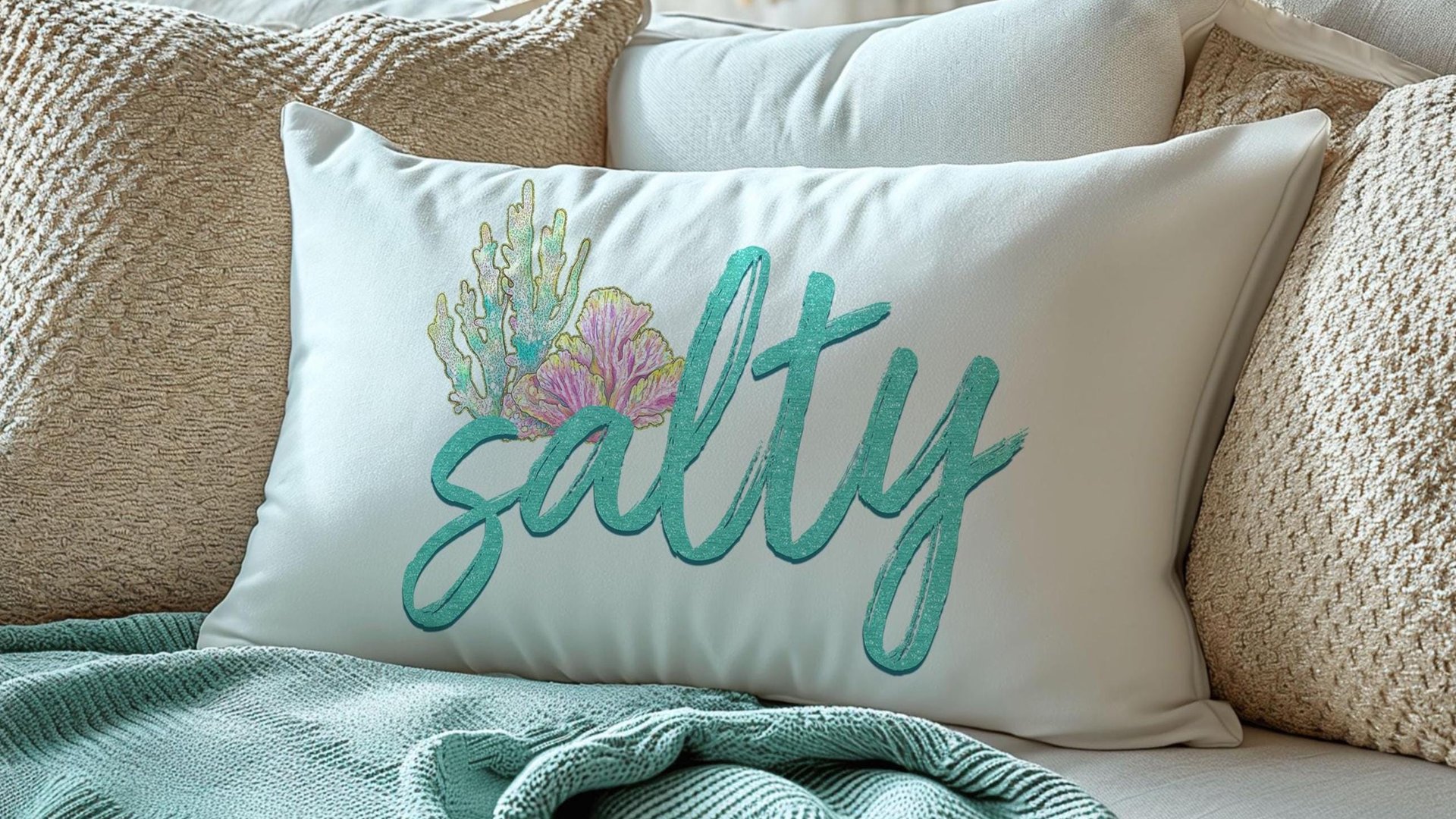 salty beach lumbar throw pillows for couch, mermaid vibes decorative pillows for girls, coastal housewarming gifts for daughter, funny gifts