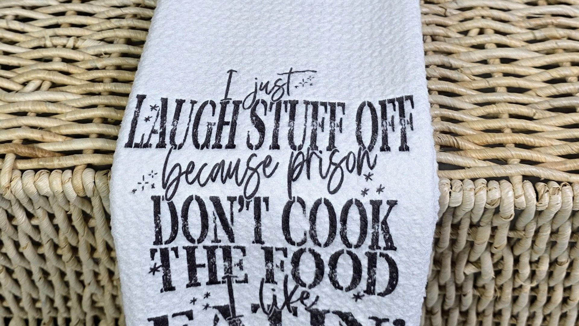 I can't go to prison sarcastic kitchen towels, cooking gifts for women, bestie birthday gifts for her, funny kitchen decor, snarky gifts for