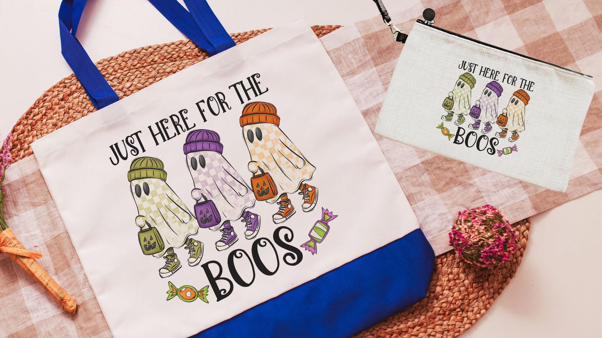 just here for the boos trick or treat bags for girls, funny Halloween tote bag for women, boo basket gifts for her, checkered ghost makeup