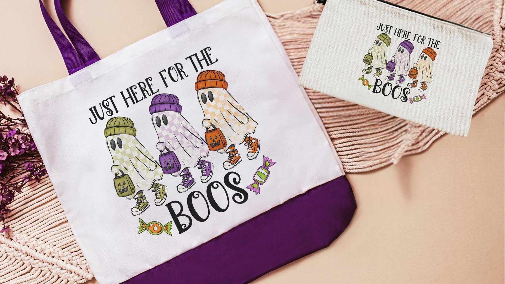 just here for the boos trick or treat bags for girls, funny Halloween tote bag for women, boo basket gifts for her, checkered ghost makeup