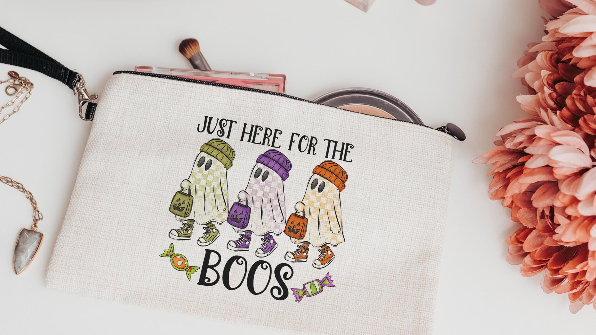 just here for the boos trick or treat bags for girls, funny Halloween tote bag for women, boo basket gifts for her, checkered ghost makeup