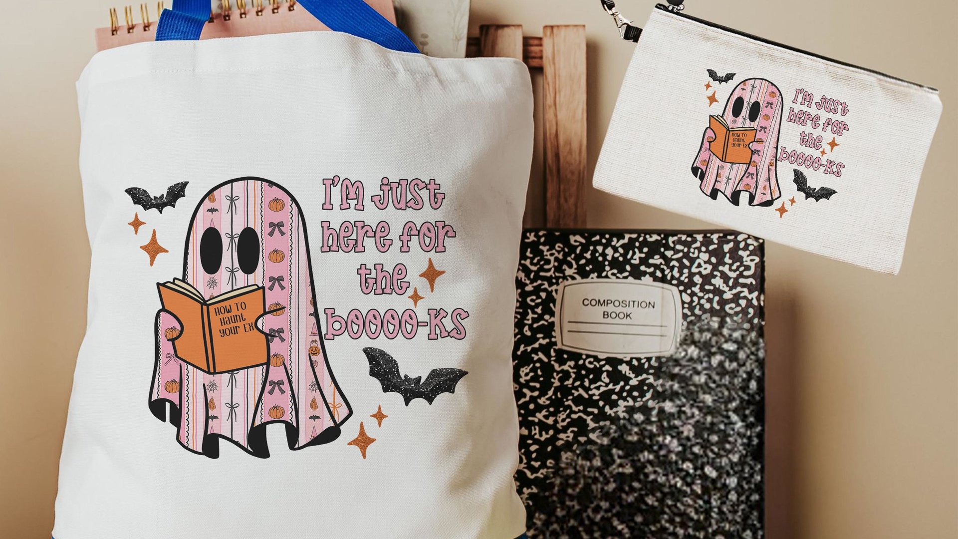 just here for the books librarian tote bag for women, bookish ghost trick or treat bags for girls, cute Halloween coquette makeup bags best