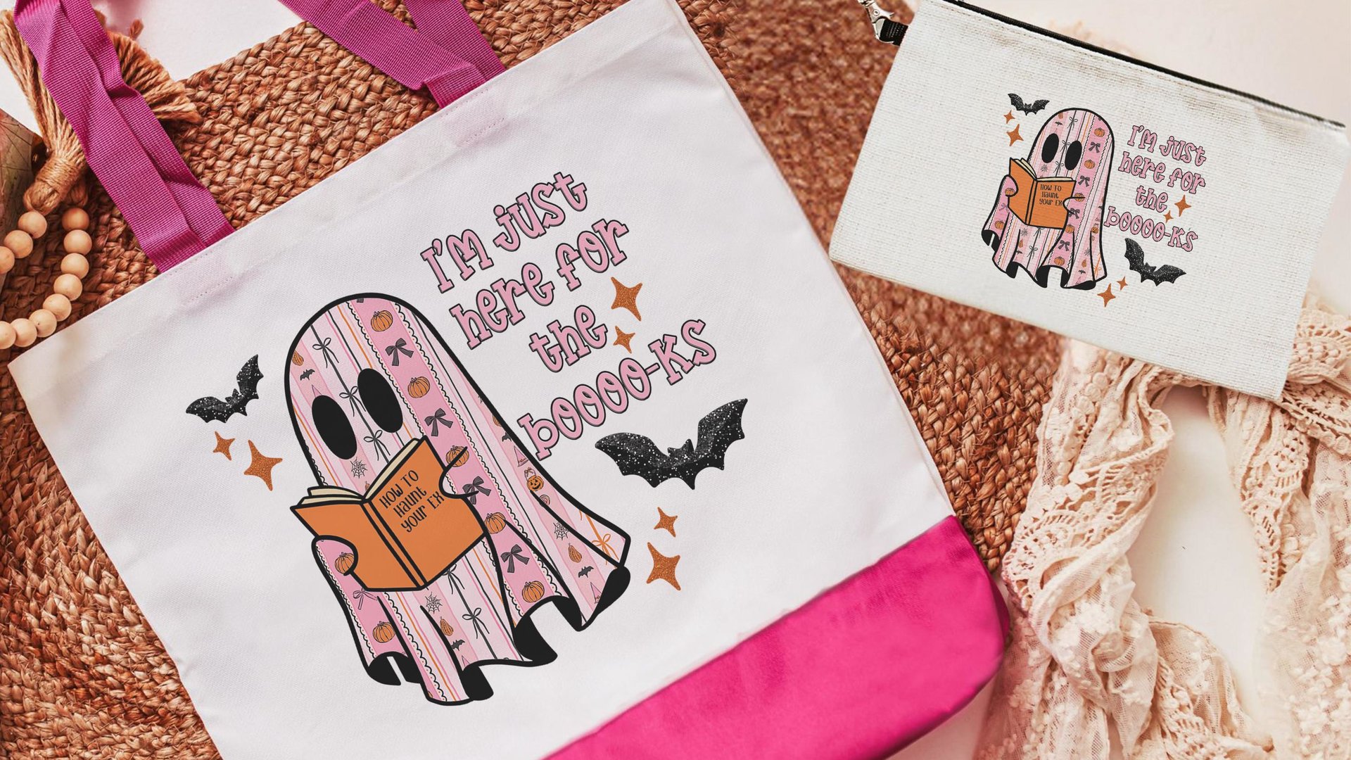 just here for the books librarian tote bag for women, bookish ghost trick or treat bags for girls, cute Halloween coquette makeup bags best
