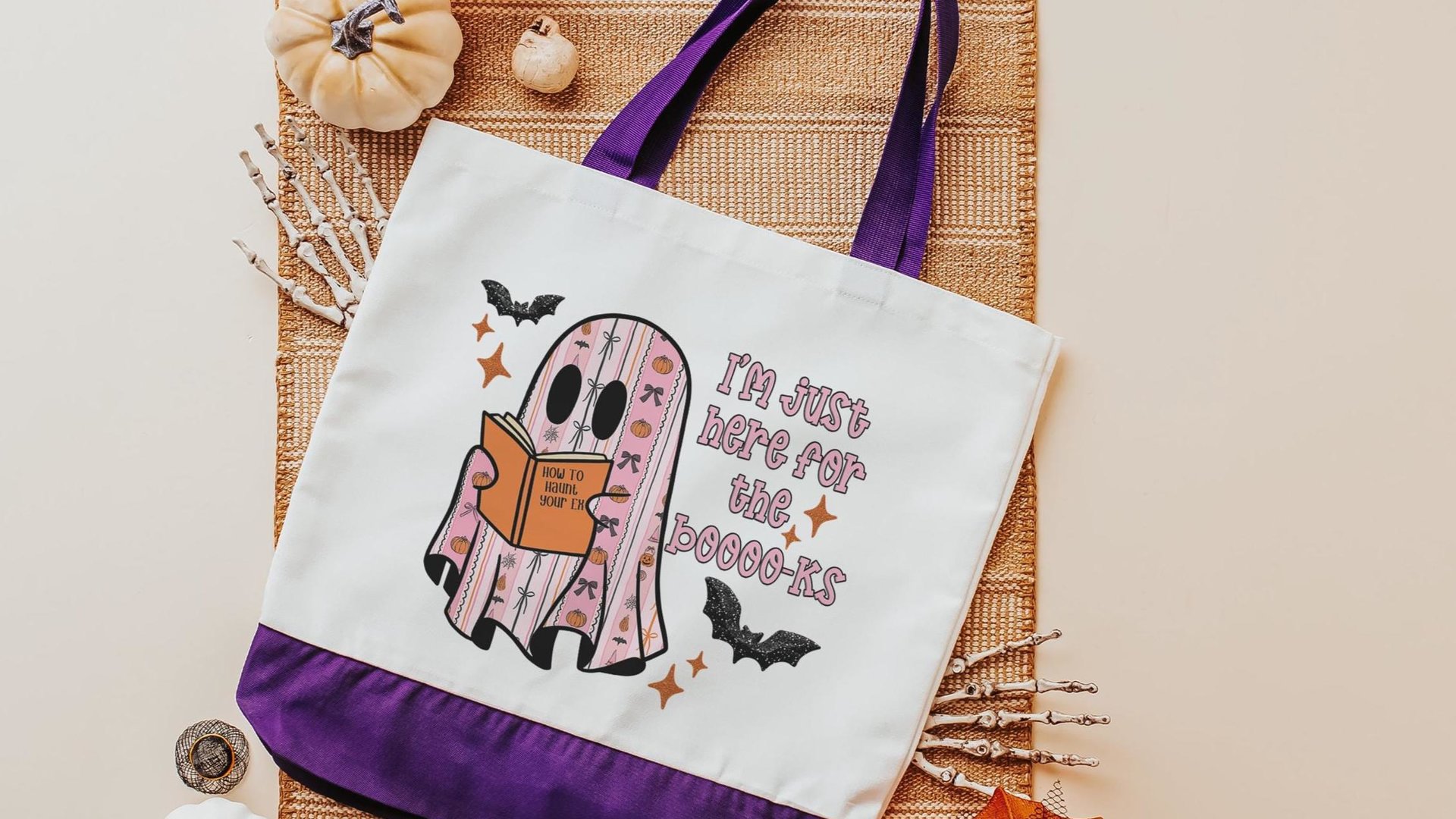 just here for the books librarian tote bag for women, bookish ghost trick or treat bags for girls, cute Halloween coquette makeup bags best
