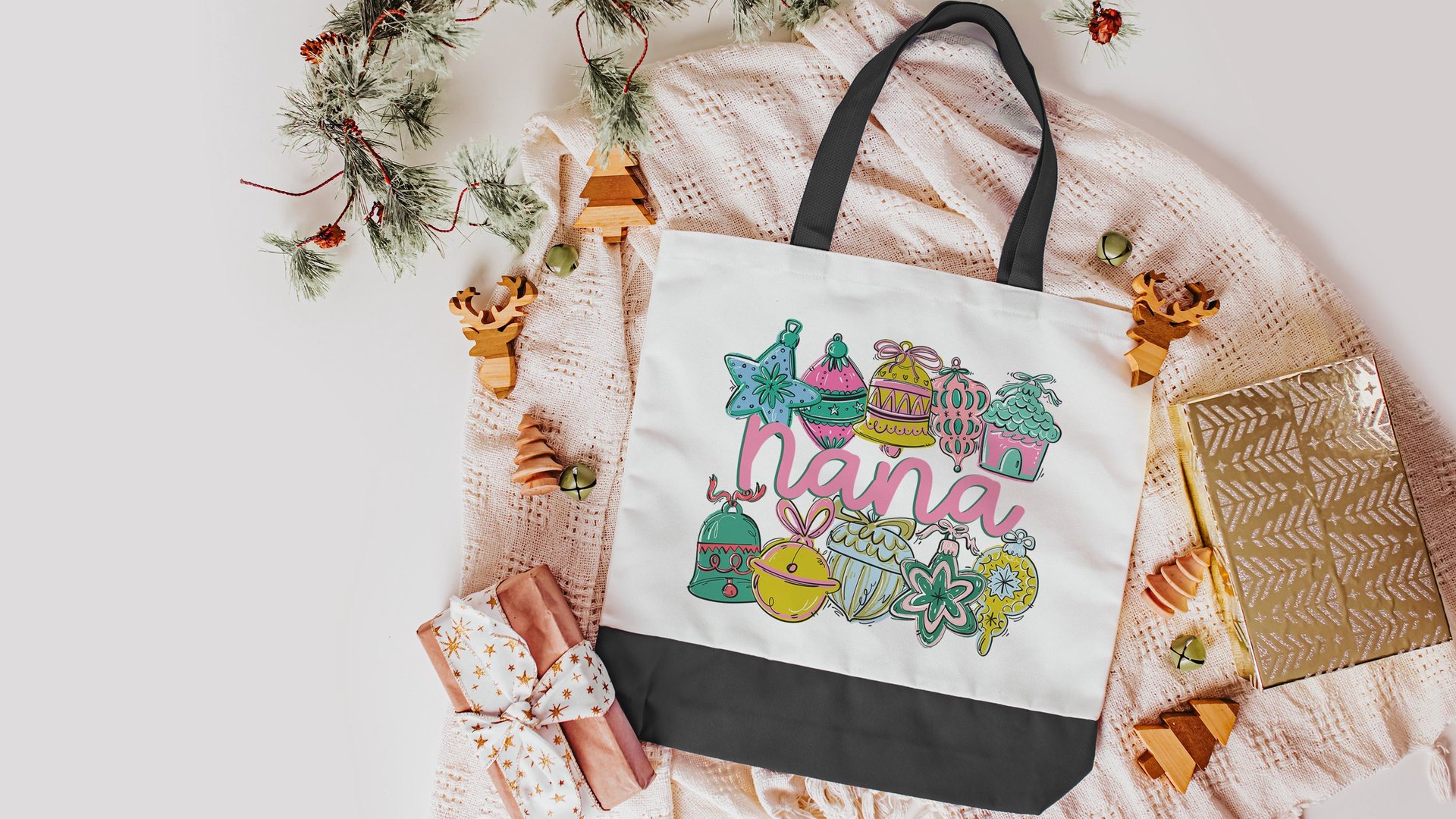 pink Christmas tote bag for nana Christmas gifts from grandchildren, whimsical Christmas makeup bags best sellers, stocking stuffers for