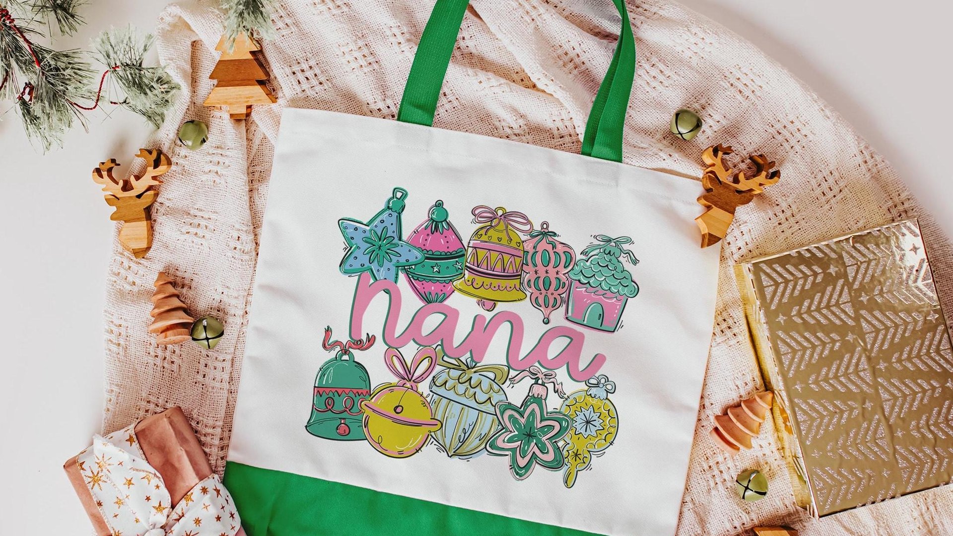 pink Christmas tote bag for nana Christmas gifts from grandchildren, whimsical Christmas makeup bags best sellers, stocking stuffers for