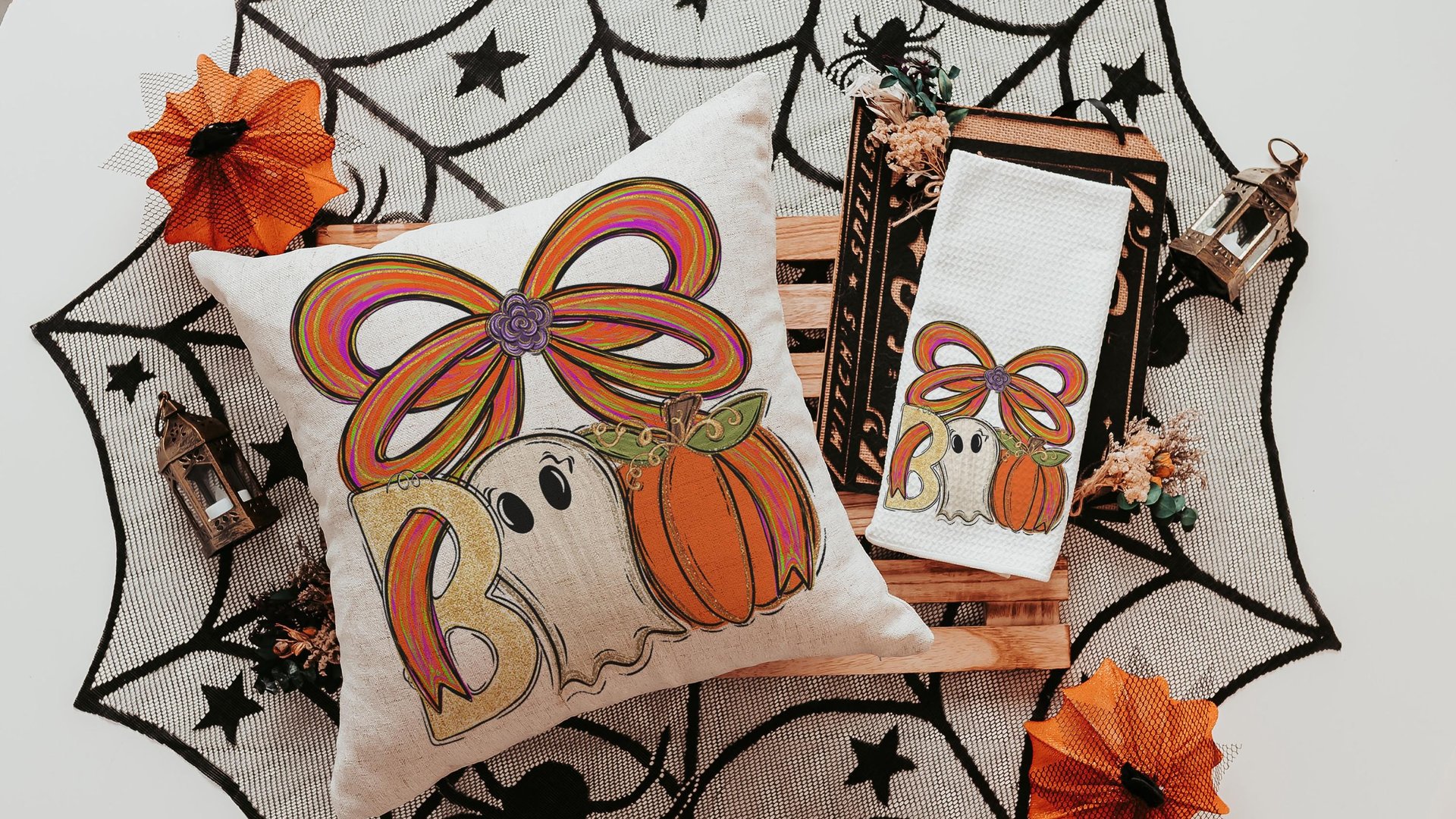 boo Halloween throw pillows for chair, boo basket gifts for her, cute ghost Halloween kitchen towels, spooky season gifts, fall host gift