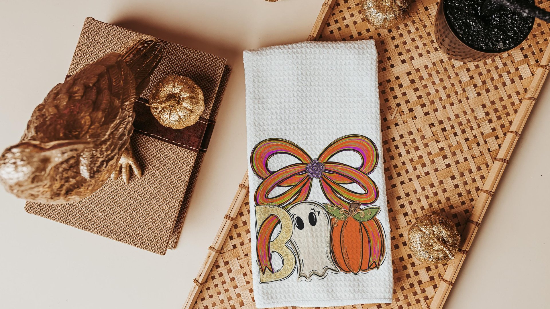 boo Halloween throw pillows for chair, boo basket gifts for her, cute ghost Halloween kitchen towels, spooky season gifts, fall host gift