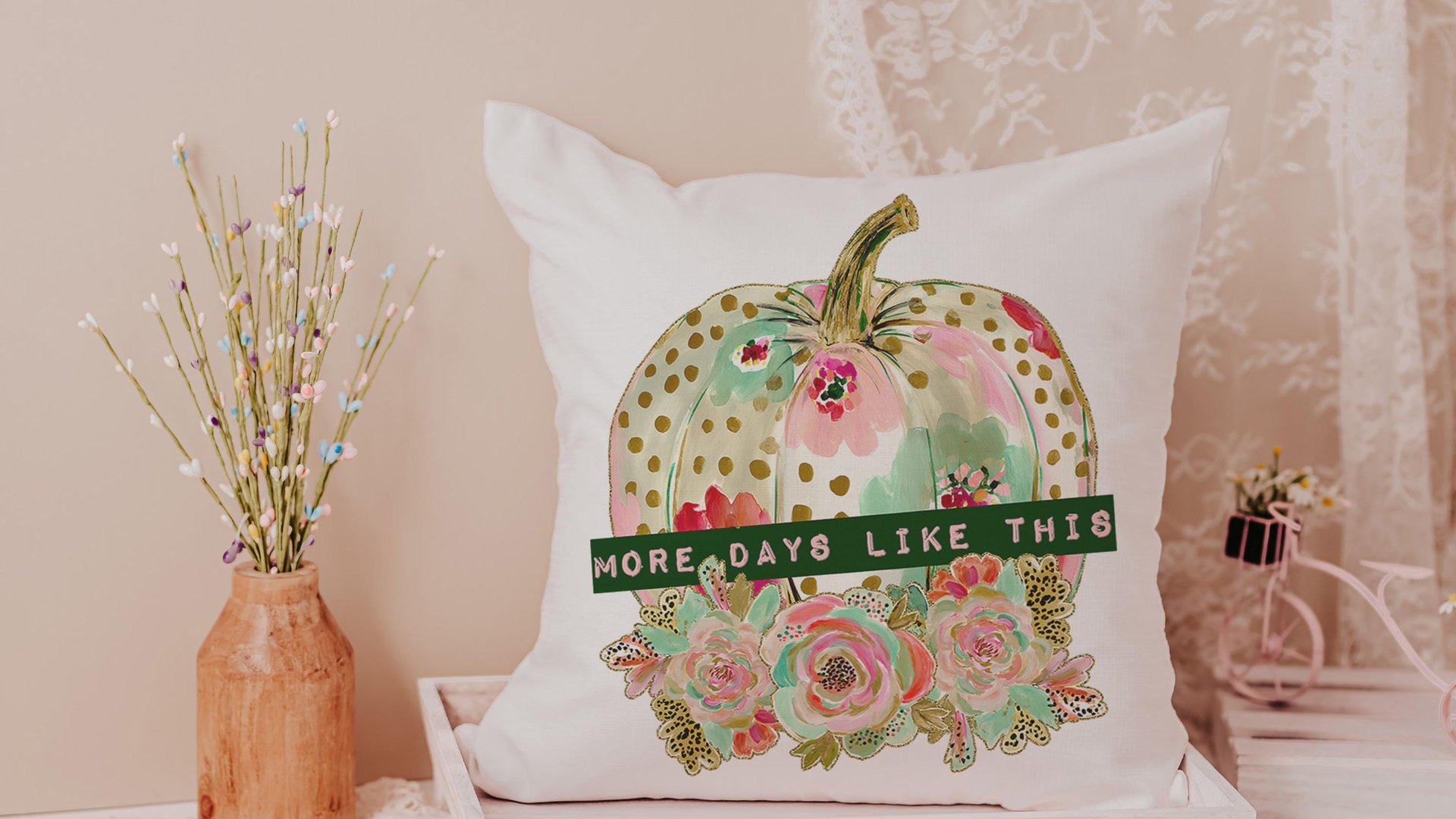 watercolor floral pumpkin throw pillows for day bed, days like this sentimental gifts for best friend, gold polka dot pumpkin accent pillows