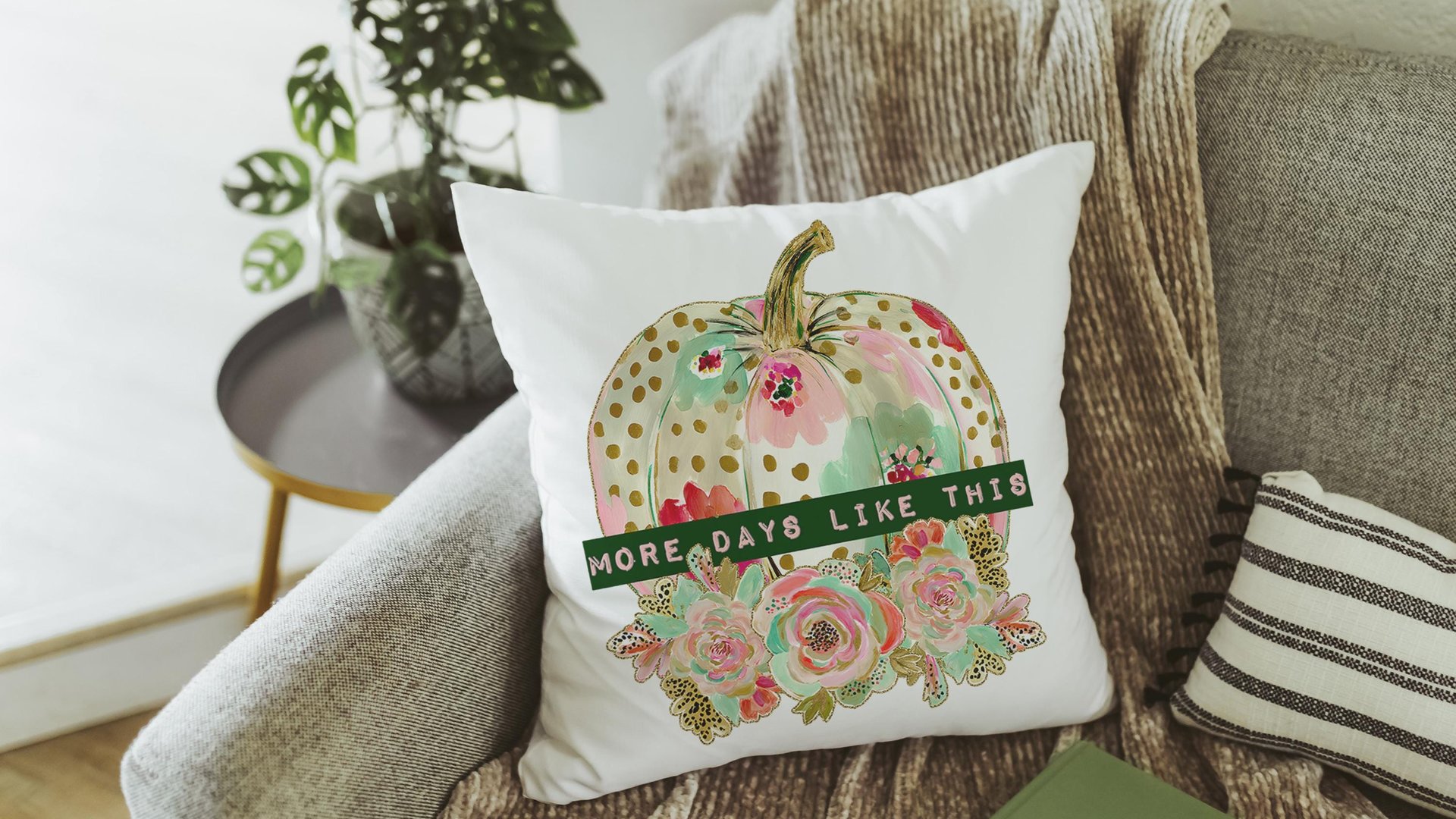 watercolor floral pumpkin throw pillows for day bed, days like this sentimental gifts for best friend, gold polka dot pumpkin accent pillows