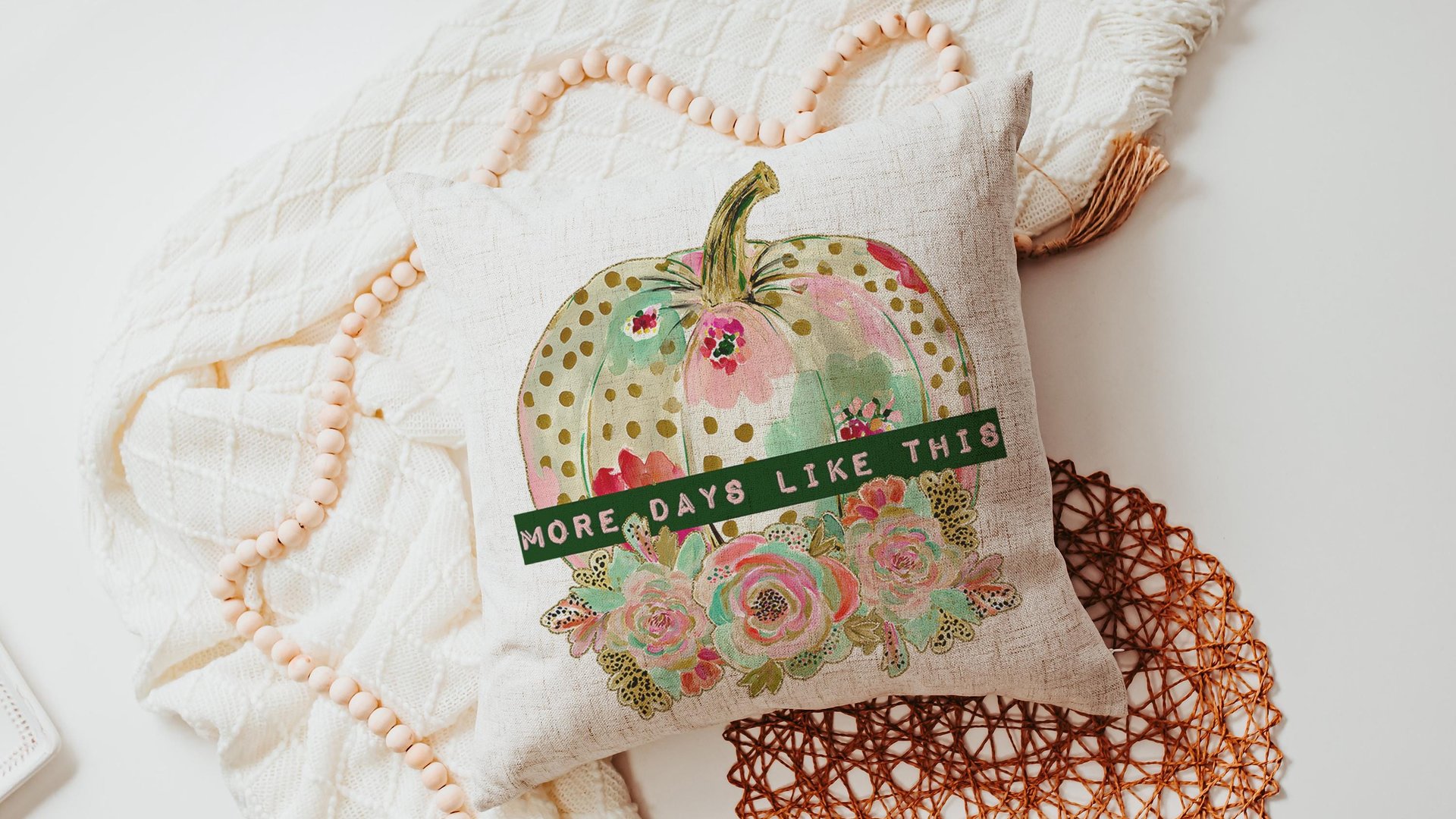 watercolor floral pumpkin throw pillows for day bed, days like this sentimental gifts for best friend, gold polka dot pumpkin accent pillows