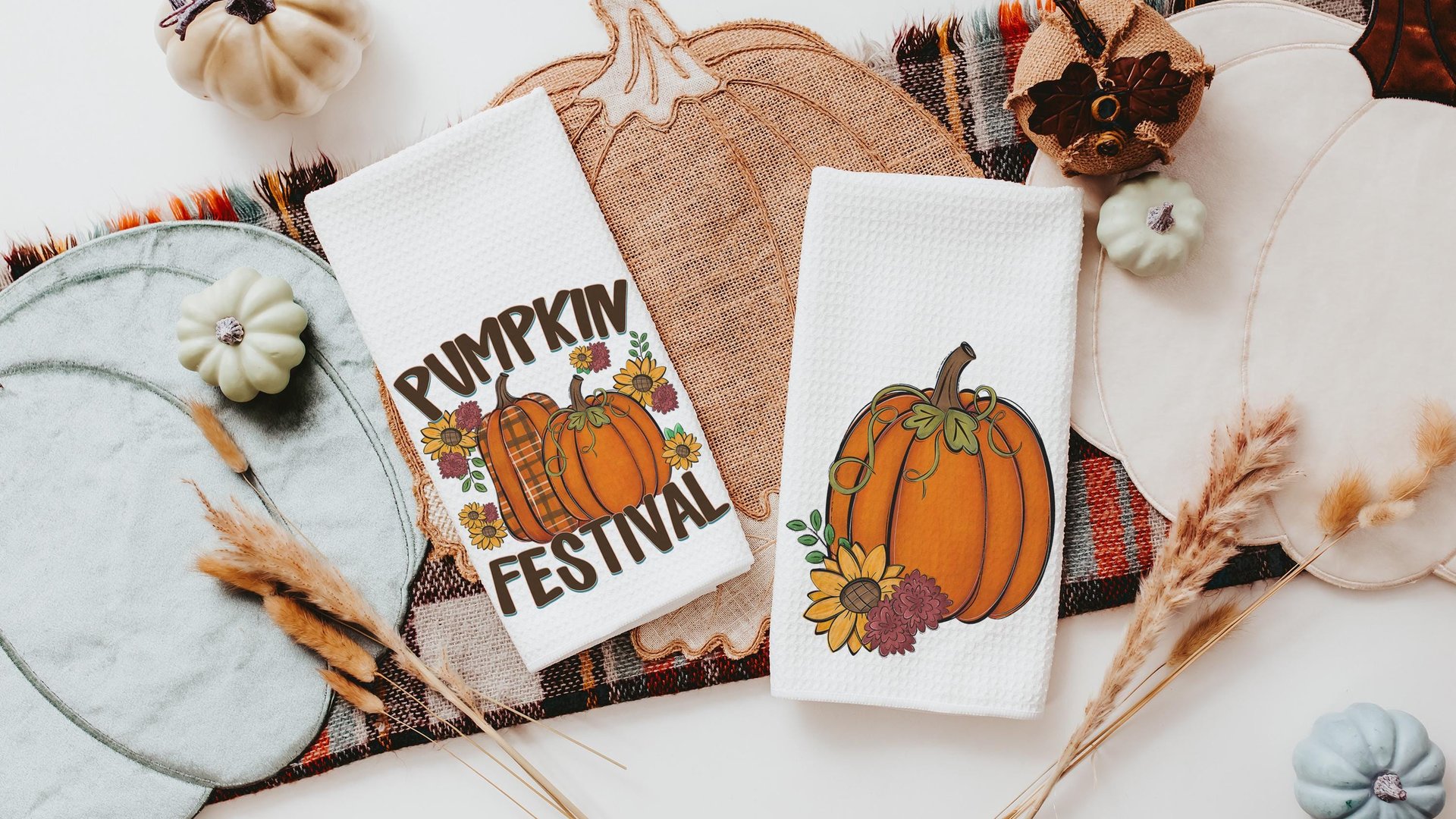 pumpkin harvest plaid pumpkin kitchen towels home essentials, fall housewarming gift for women, pumpkin spice kitchen decor, sunflower gifts