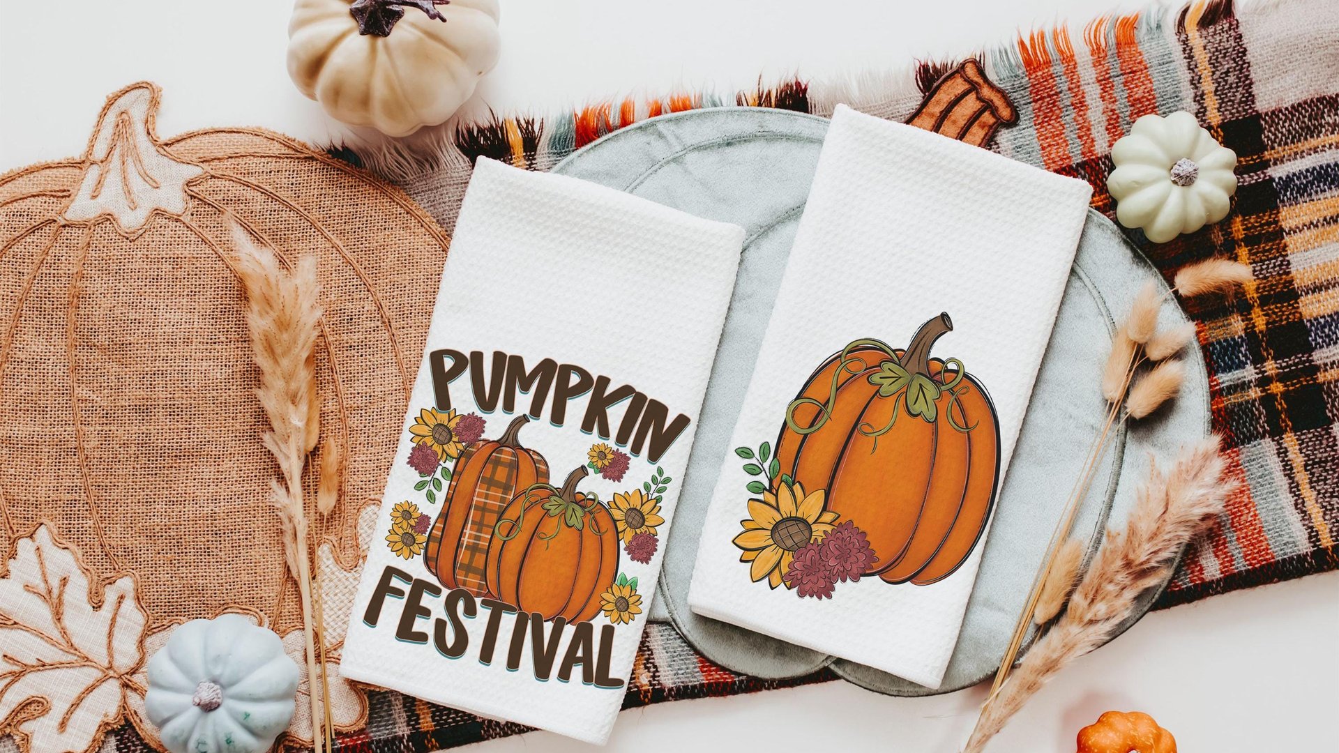 pumpkin harvest plaid pumpkin kitchen towels home essentials, fall housewarming gift for women, pumpkin spice kitchen decor, sunflower gifts