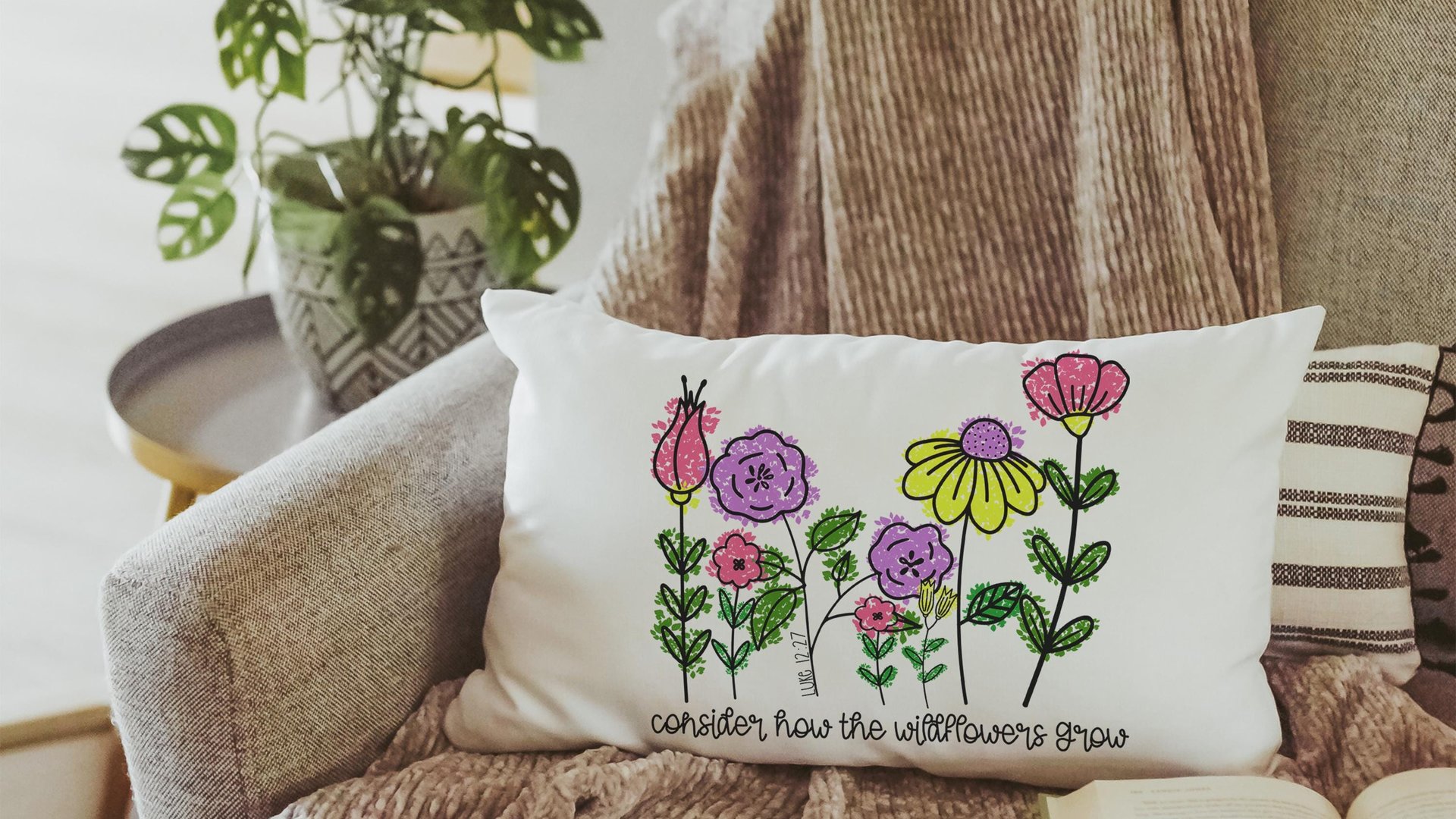 consider how the wildflowers grow lumbar throw pillows for couch religious decorative pillows for girls, Luke 12:27 decor, Christian nursery